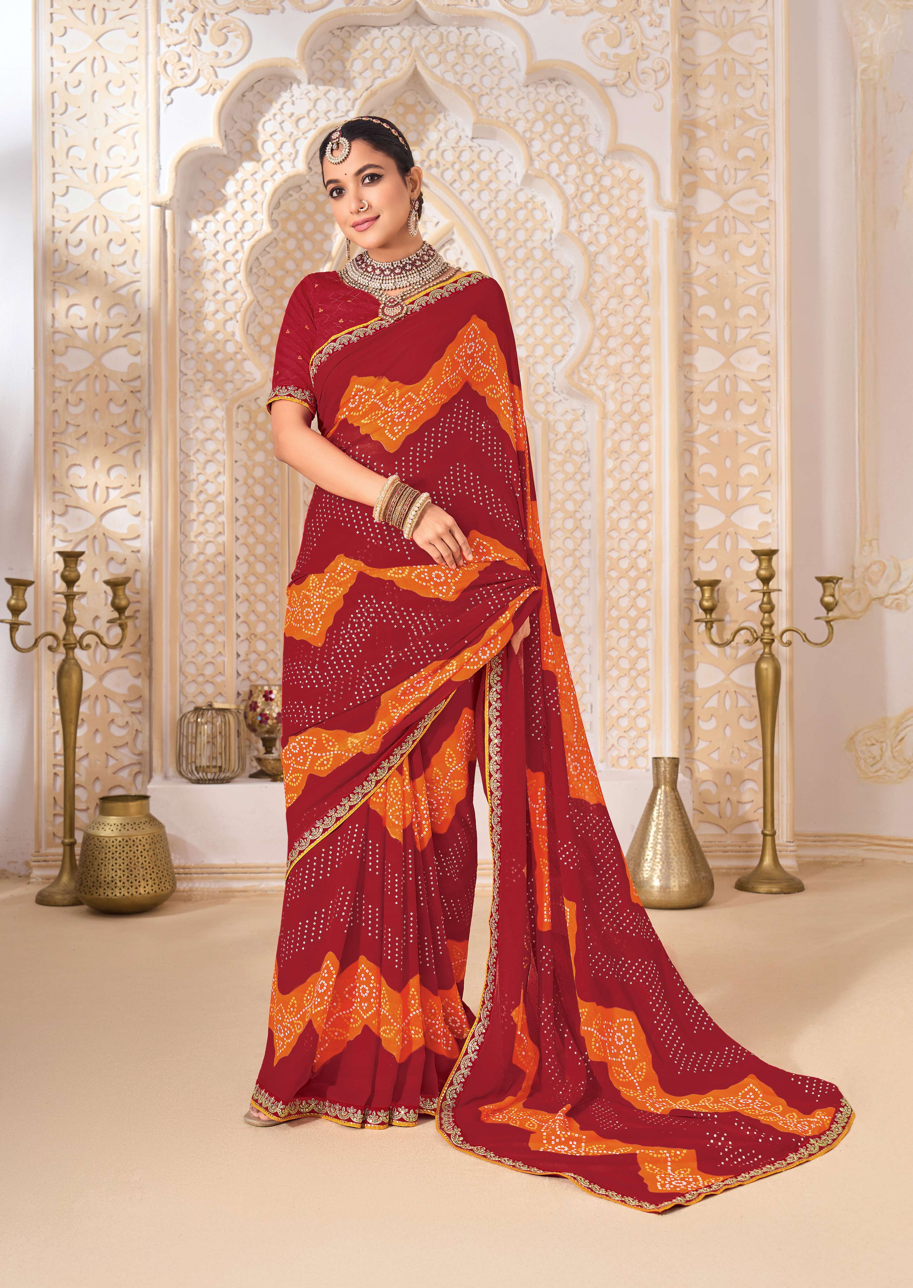 Laxmipati Ghoomar Red Georgette Bandhani Printed Saree
