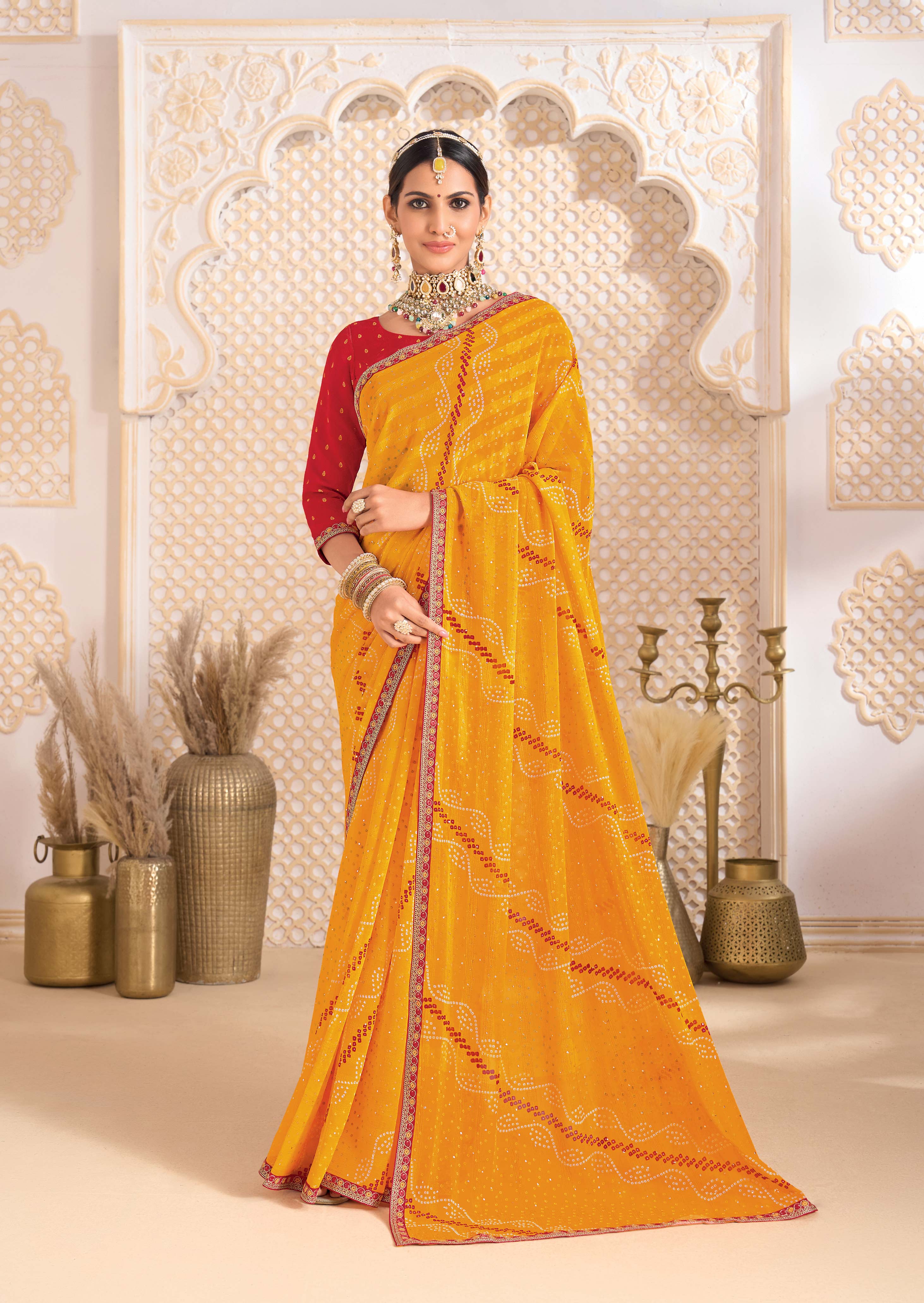 Laxmipati Ghoomar Mustard Bandhani Printed Saree