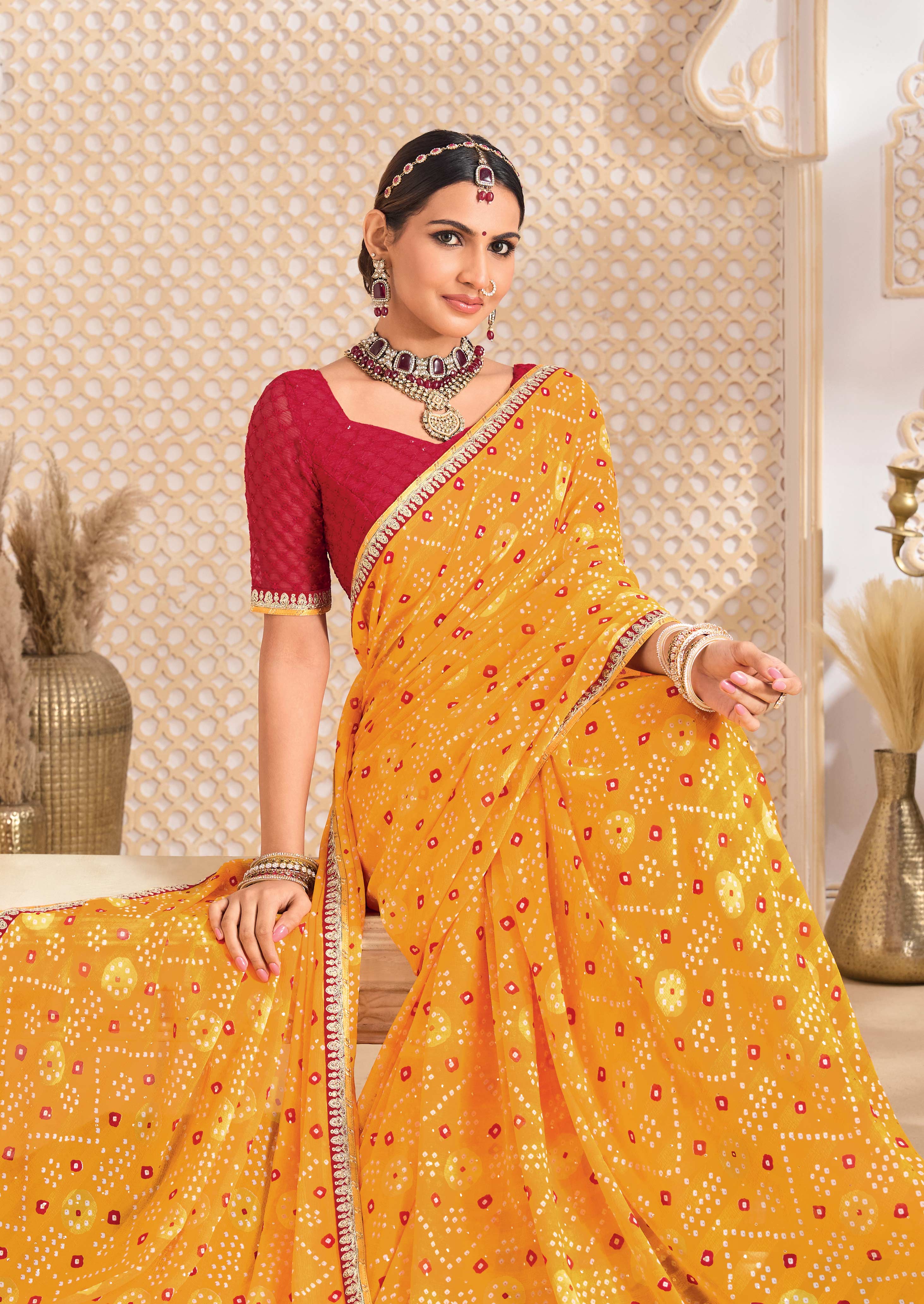 Laxmipati Ghoomar Mustard Bandhani Printed Saree