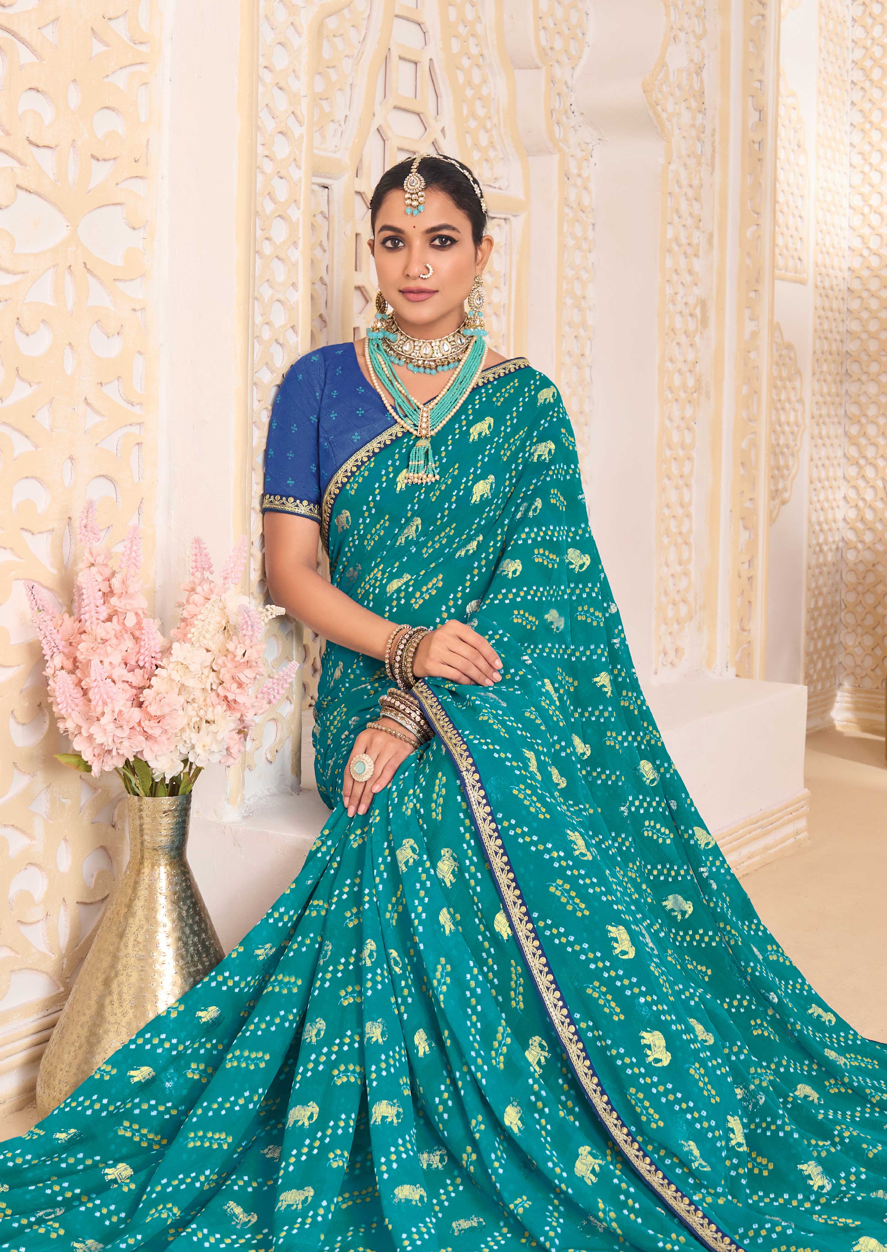 Laxmipati Ghoomar Teal Blue Georgette Bandhani Printed Saree