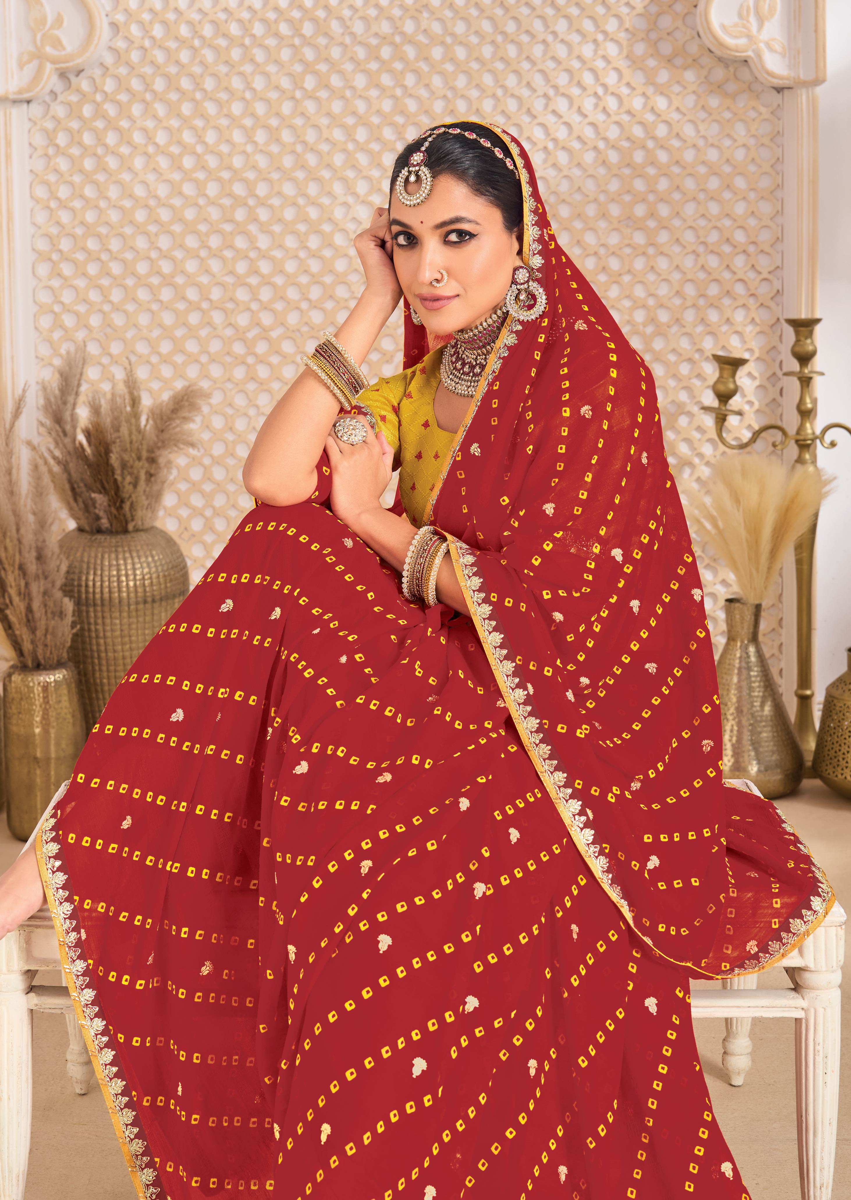 Laxmipati Ghoomar Maroon Georgette Bandhani Printed Saree