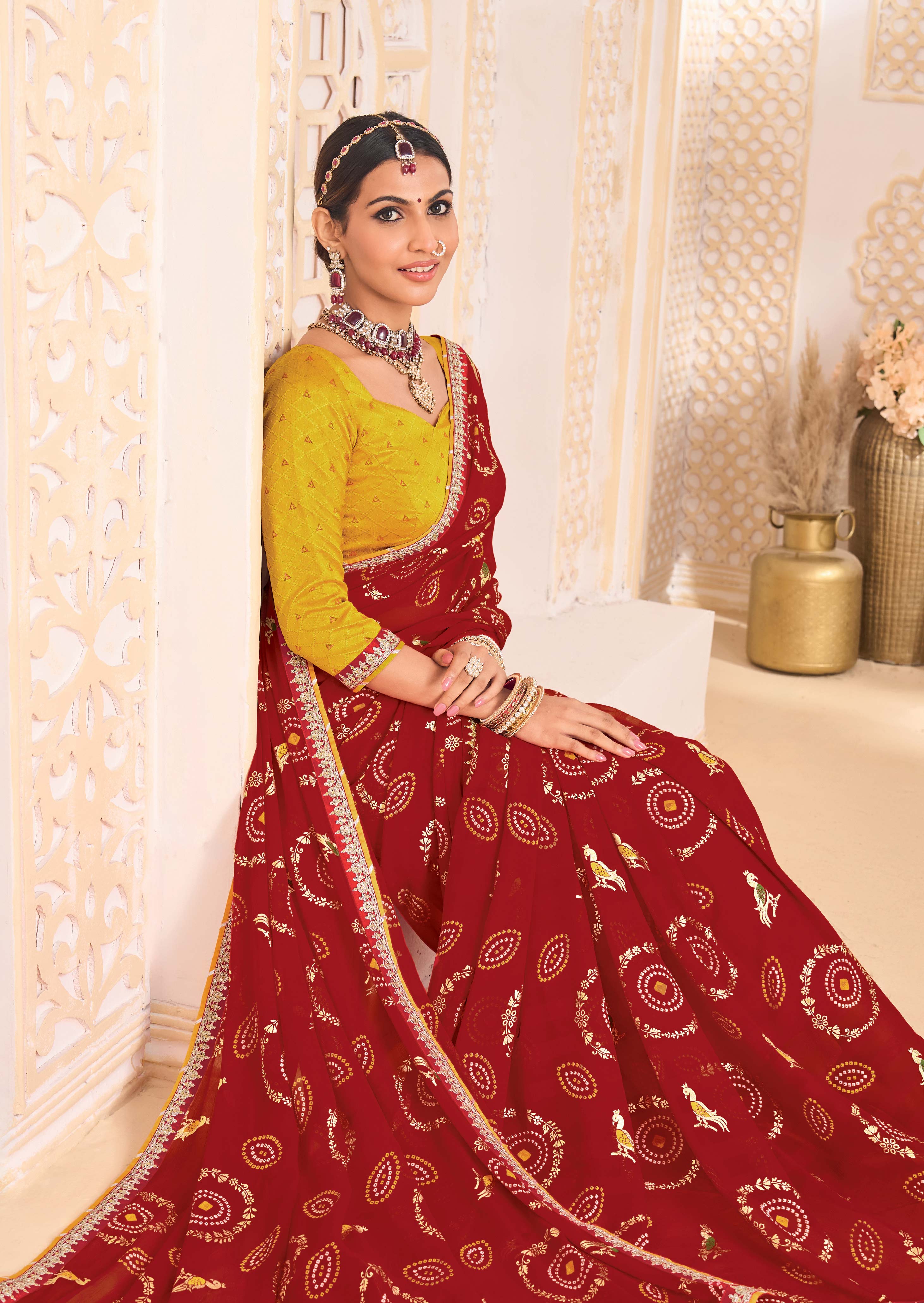 Laxmipati Ghoomar Maroon Bandhani Printed Saree