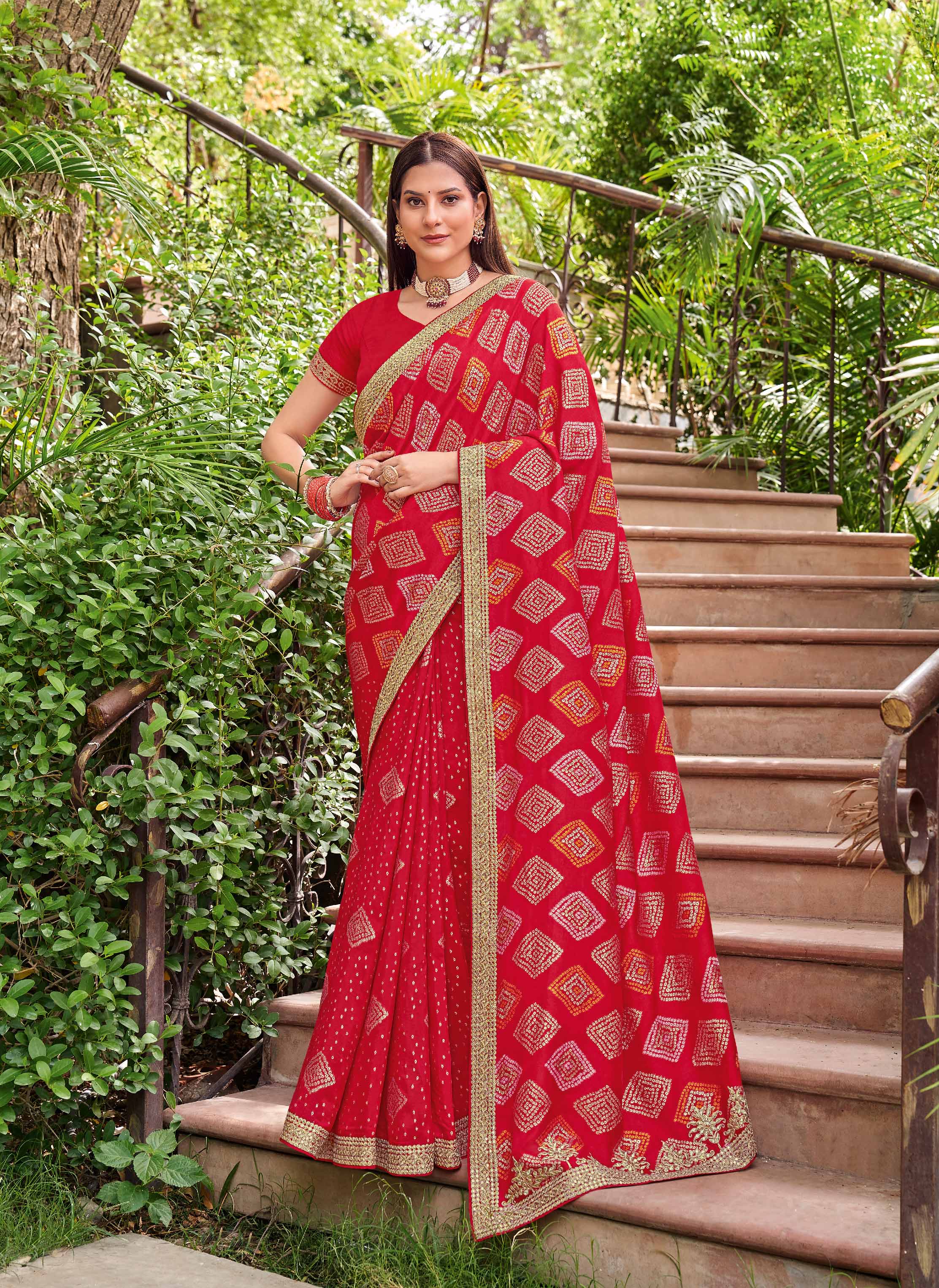 Red Bandhani Silk Saree