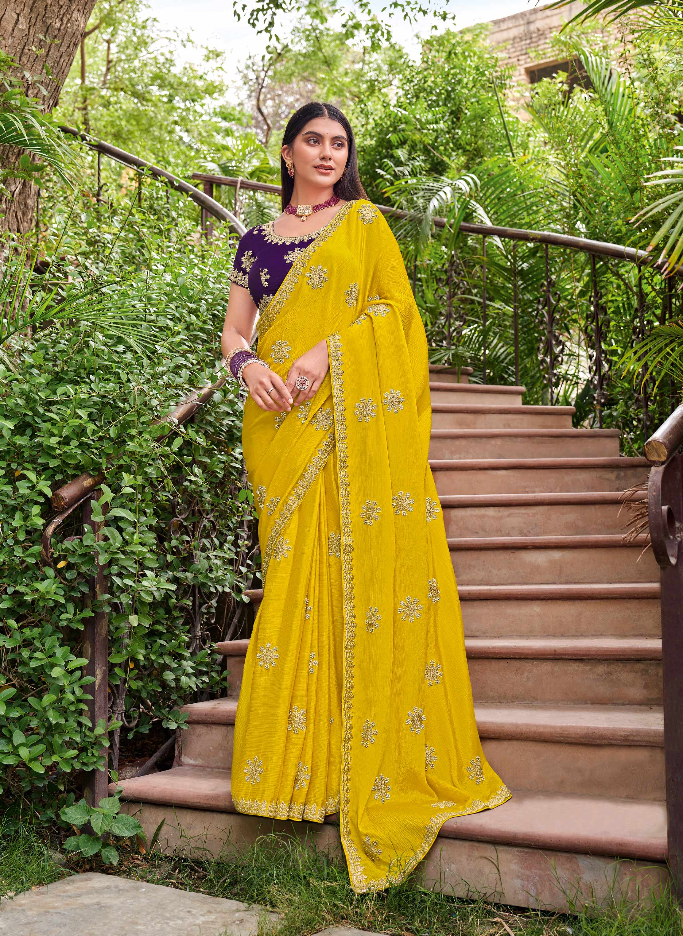 Yellow Silk Saree with Golden Zari and Stone Work
