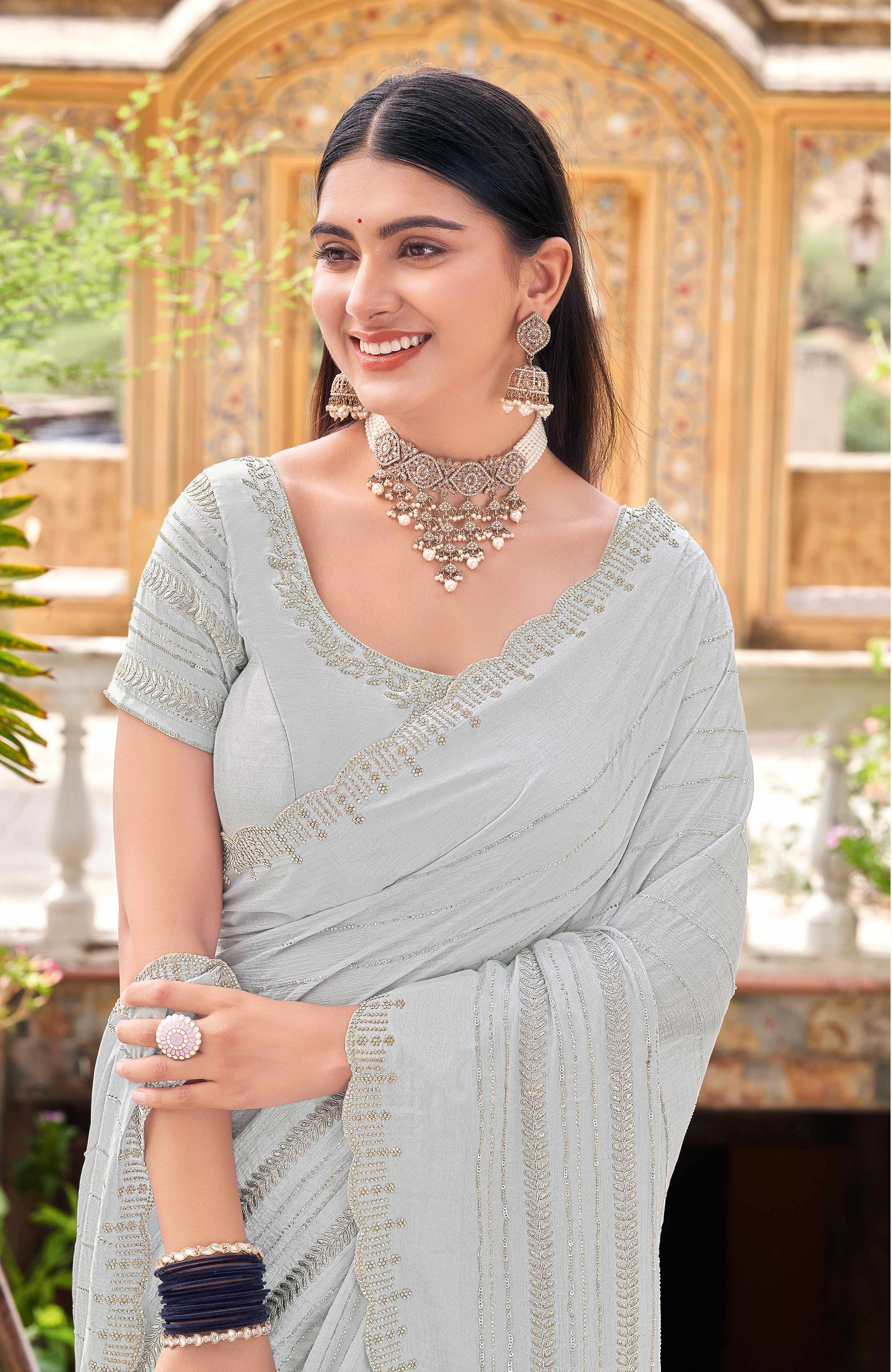Silver Zari Embroidery Saree