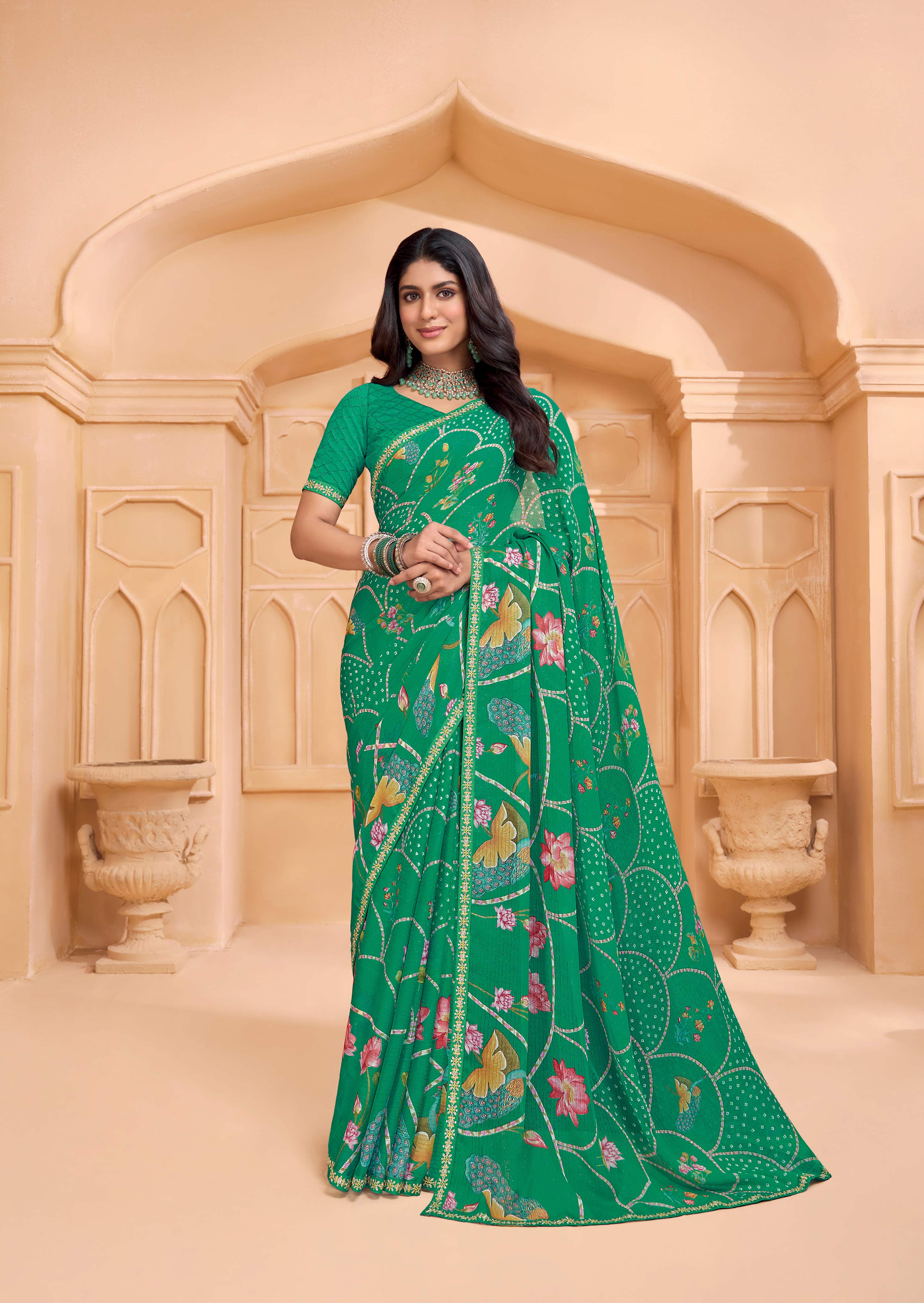 Laxmipati Tohfa Floral Printed Chiffon Saree in Teal Green
