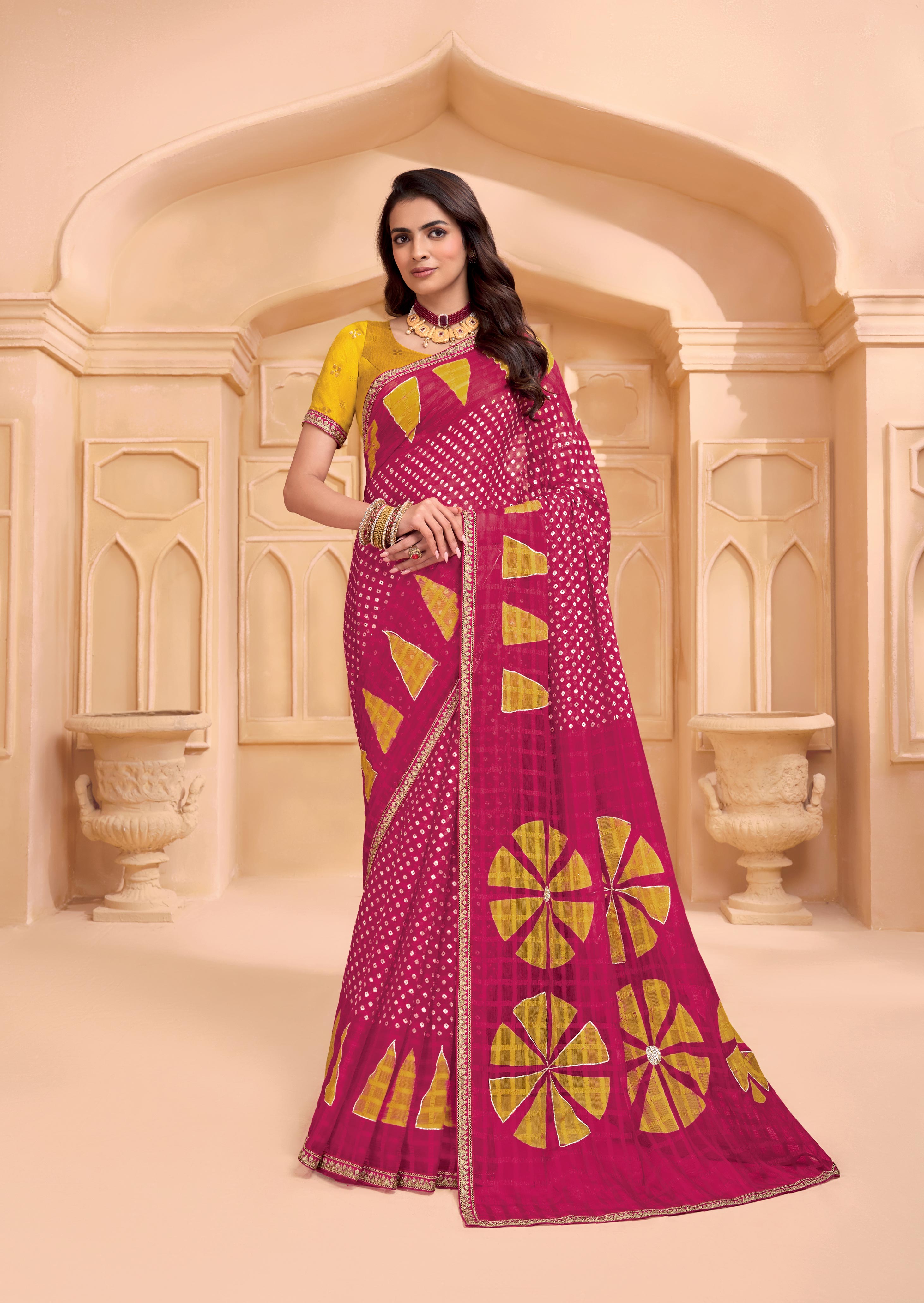Laxmipati Tohfa Bandhani Printed Chiffon Saree in Pink Color