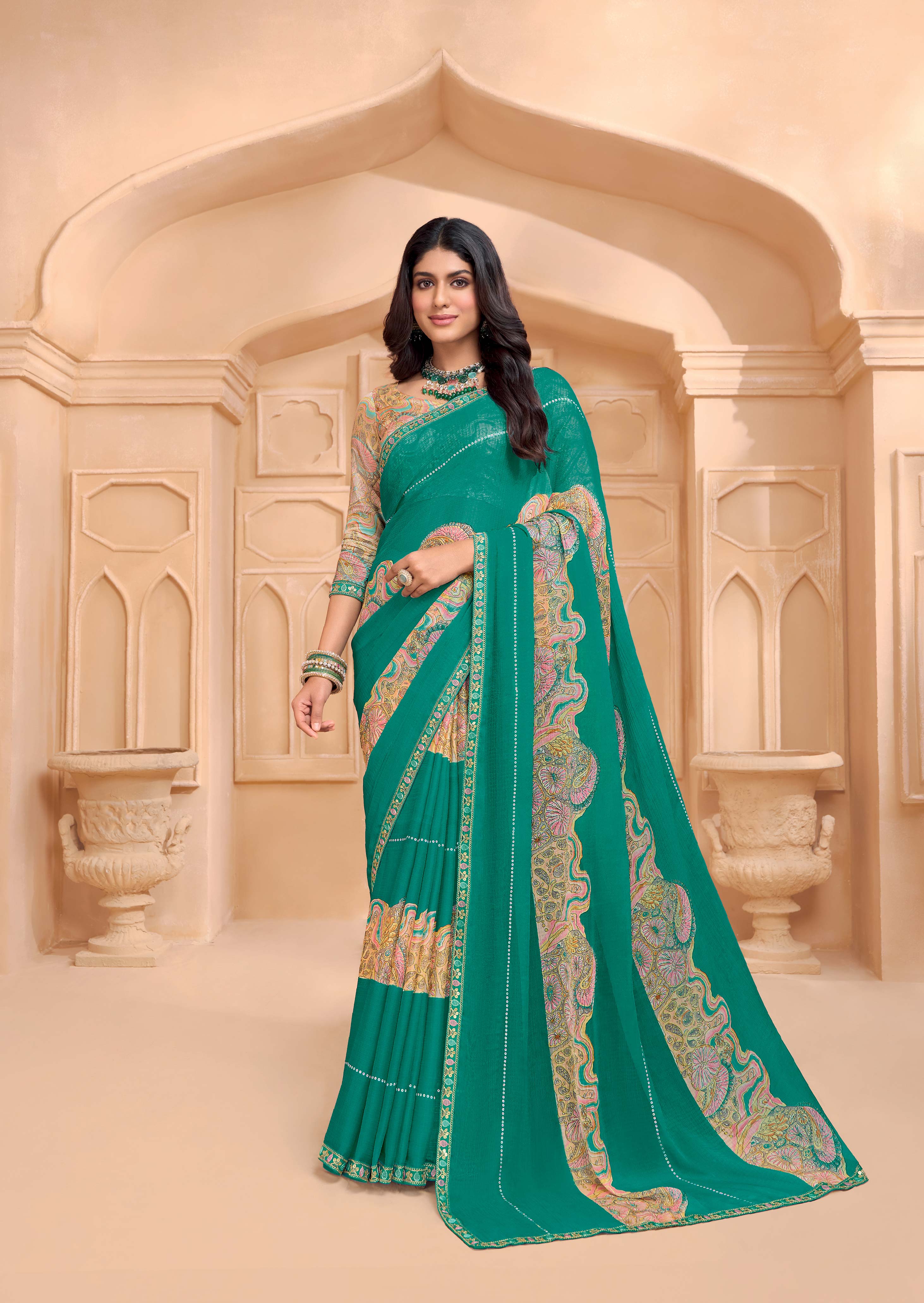 Laxmipati Tohfa Floral Printed Chiffon Saree in Teal Green