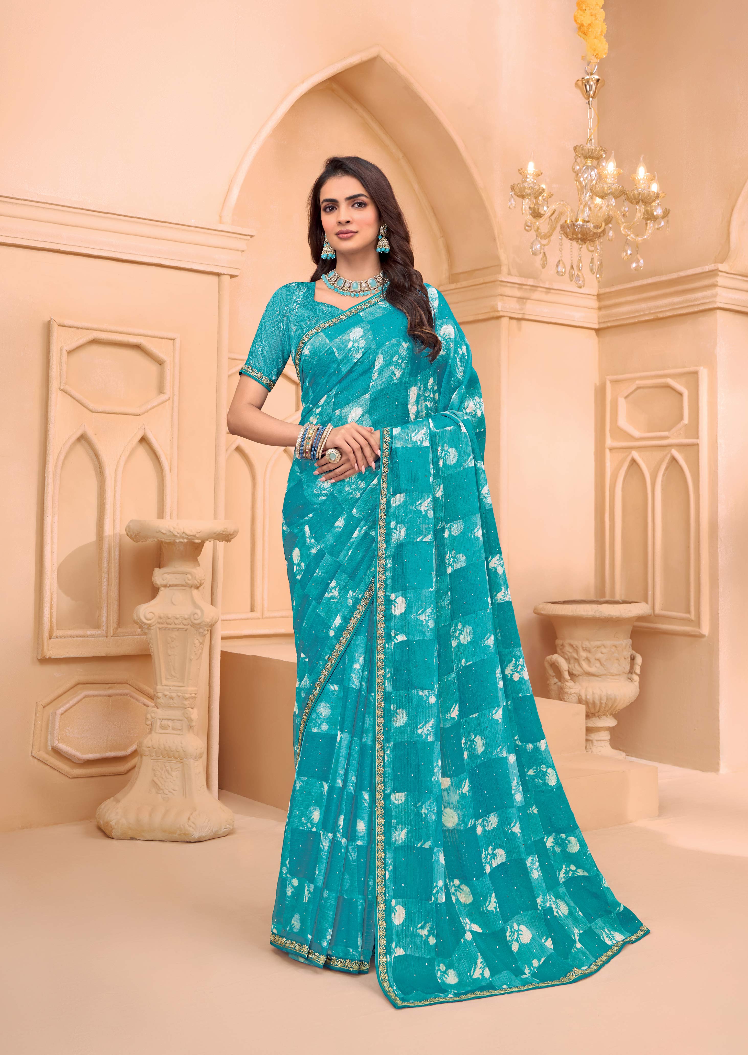 Laxmipati Tohfa Abstract Printed Chiffon Saree in Teal Blue Color