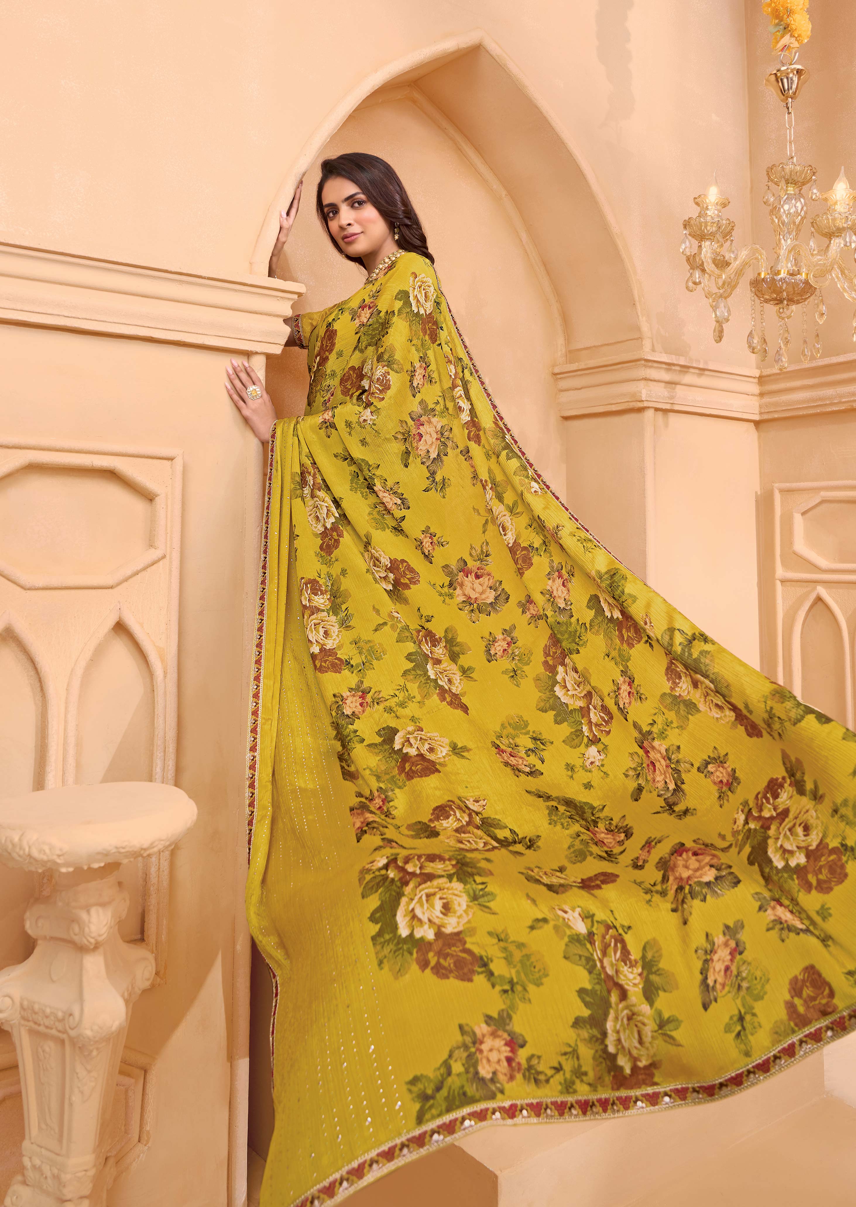 Laxmipati Tohfa Floral Printed Silk Saree in Yellow Color