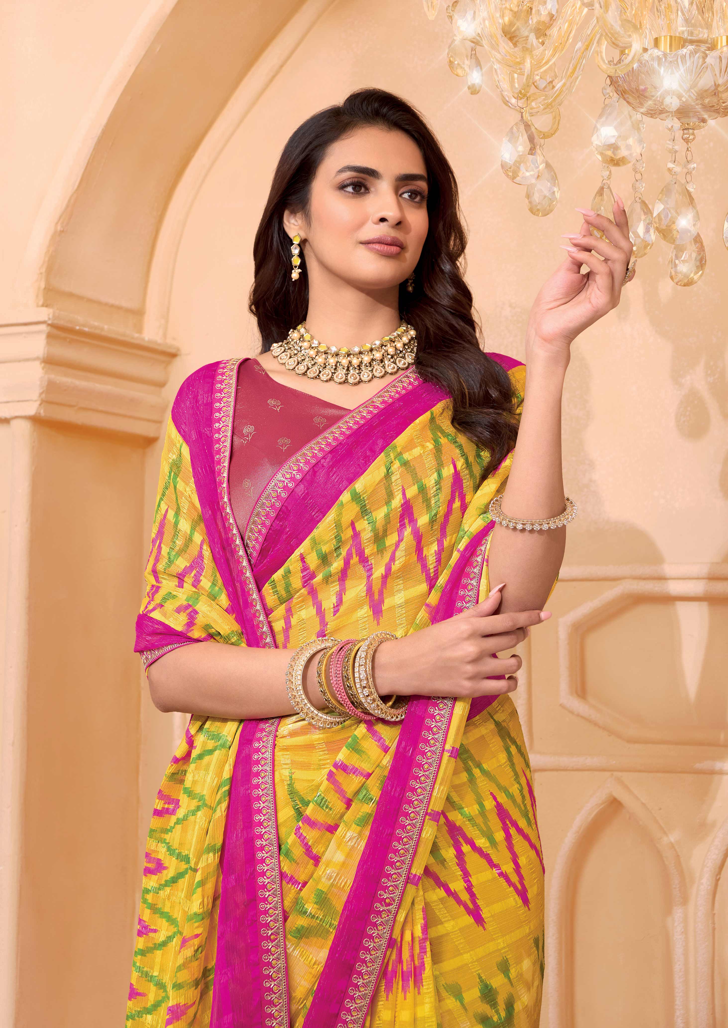 Laxmipati Tohfa Ikkat Printed Chiffon Saree in Yellow Color