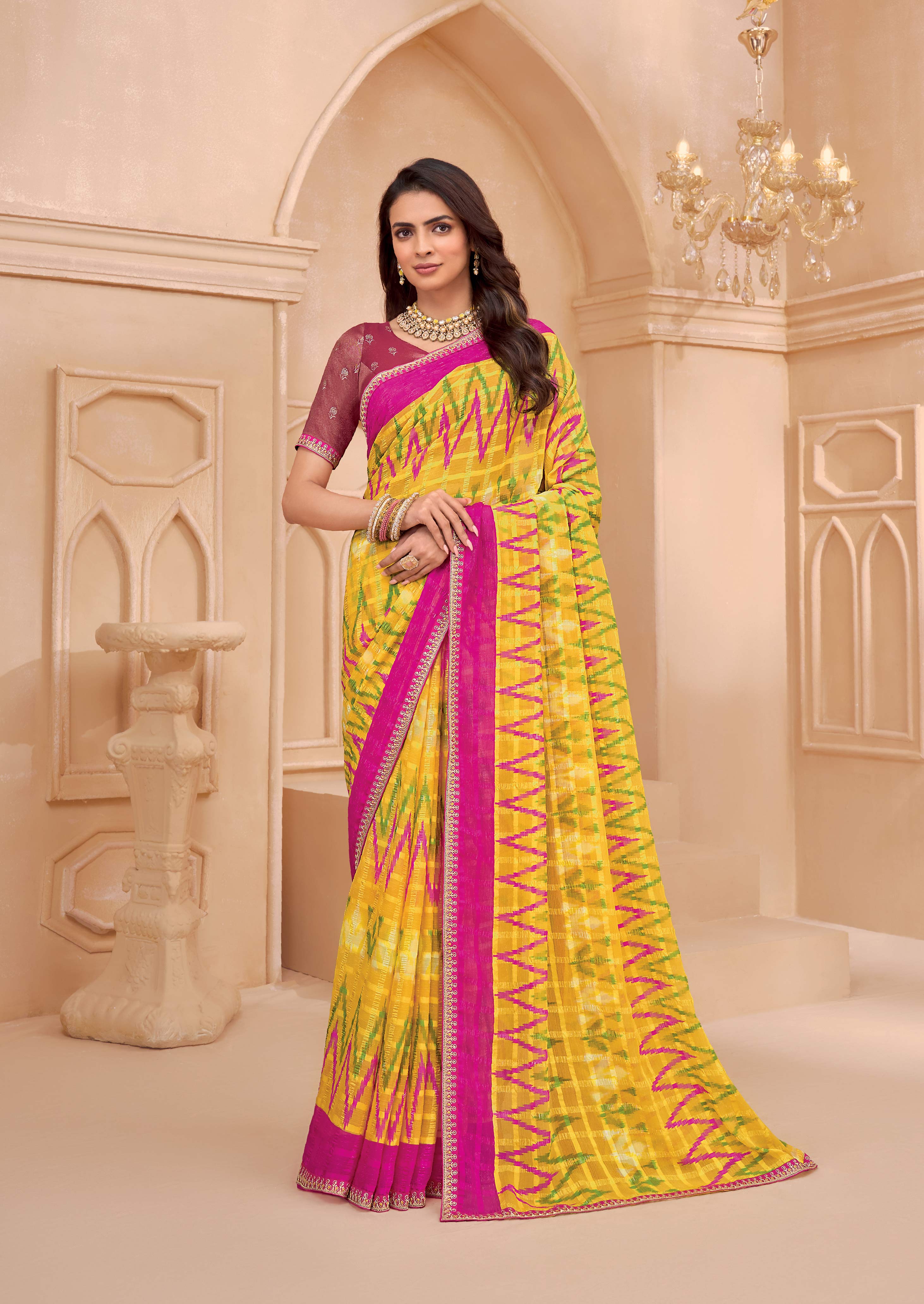 Laxmipati Tohfa Ikkat Printed Chiffon Saree in Yellow Color