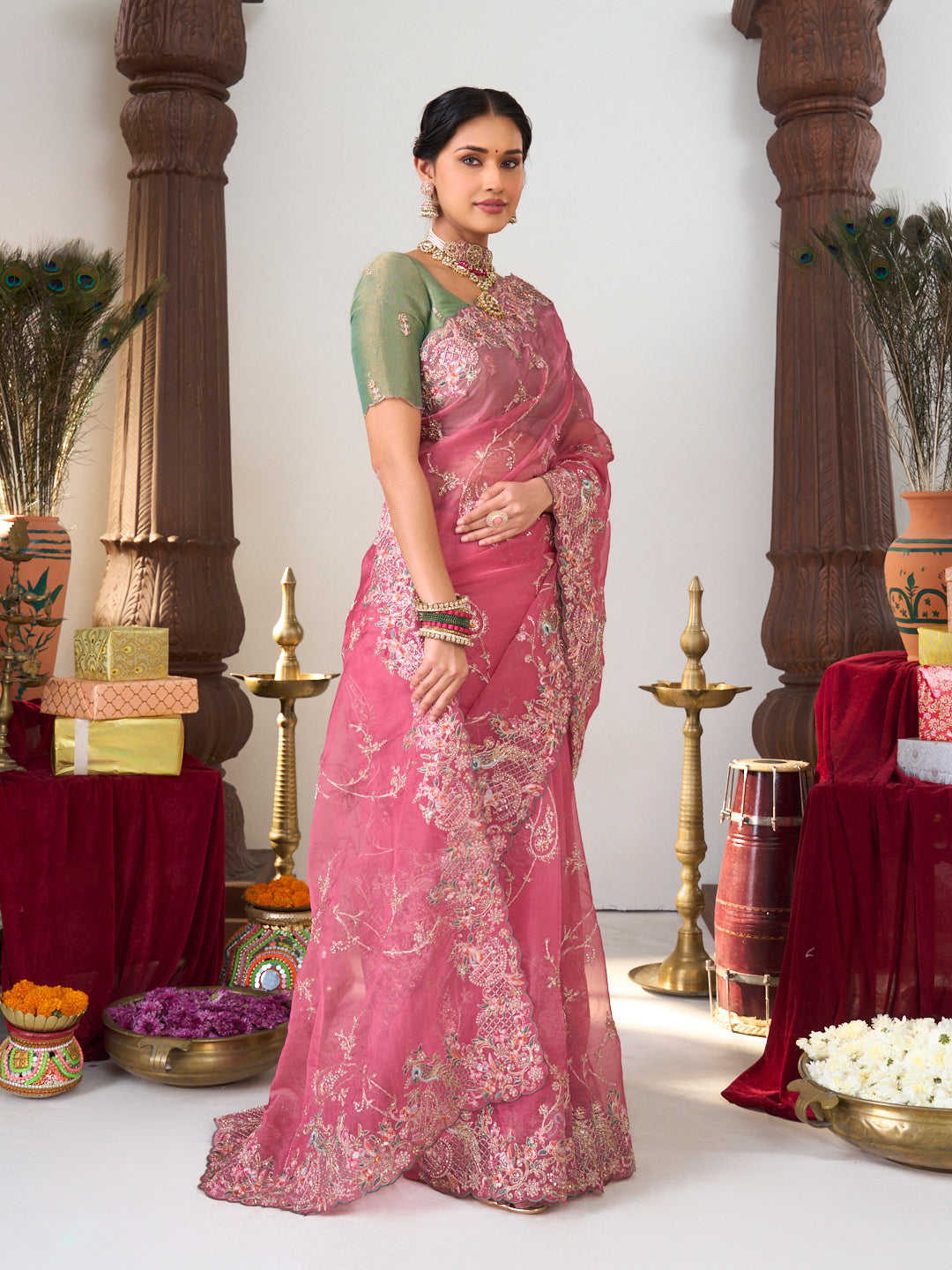 Laxmipati Sanskriti Pink Tissue Organza Floral Embroidered Saree