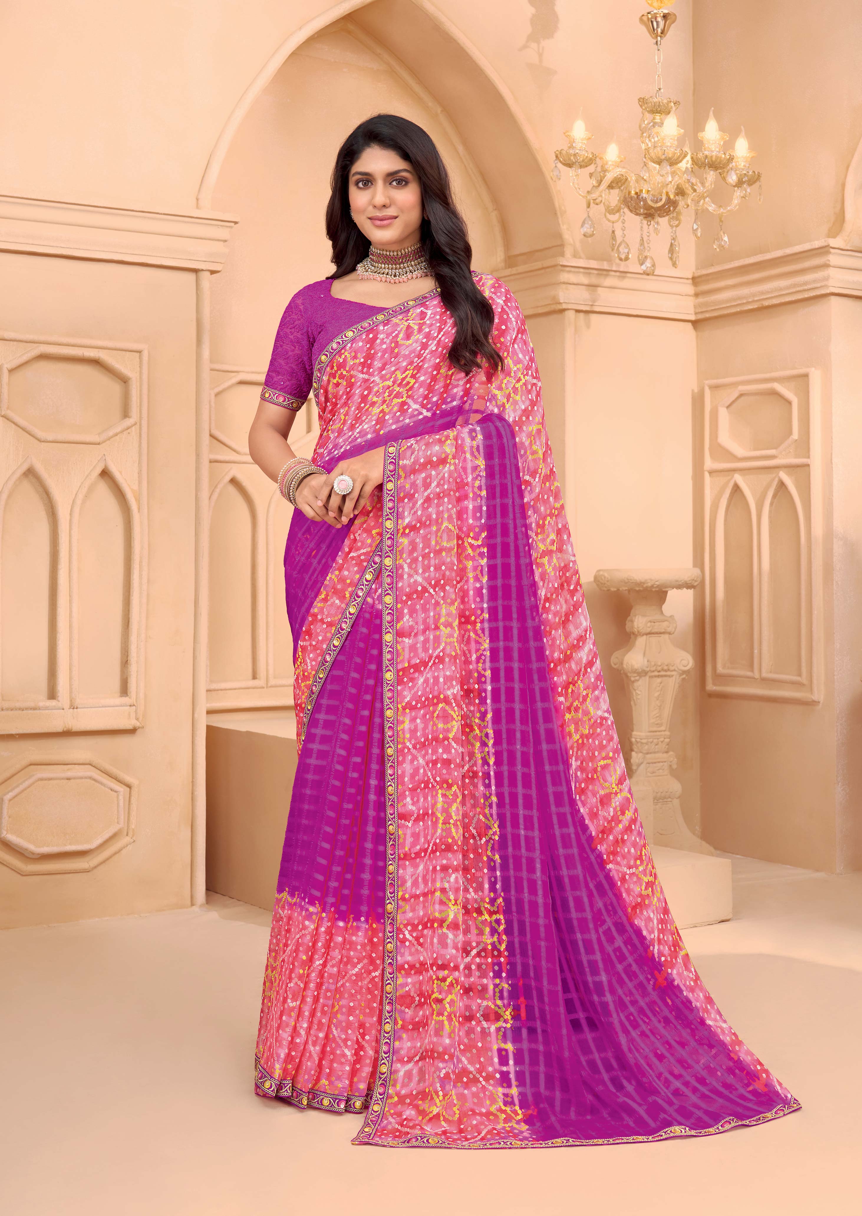 Laxmipati Tohfa Bandhani Printed Silk Saree in Pink Color