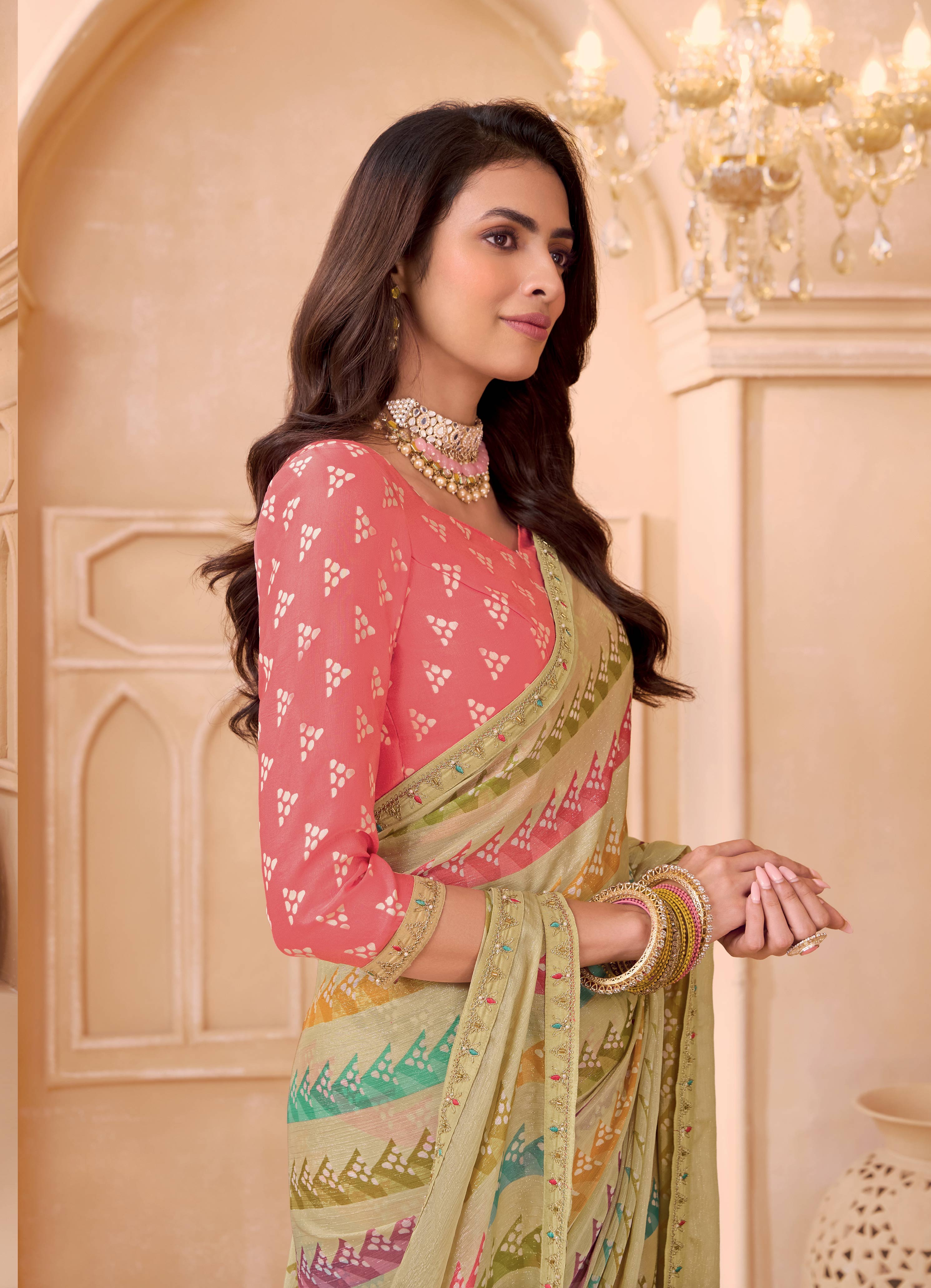 Laxmipati Tohfa Striped Printed Silk Saree in Beige Color