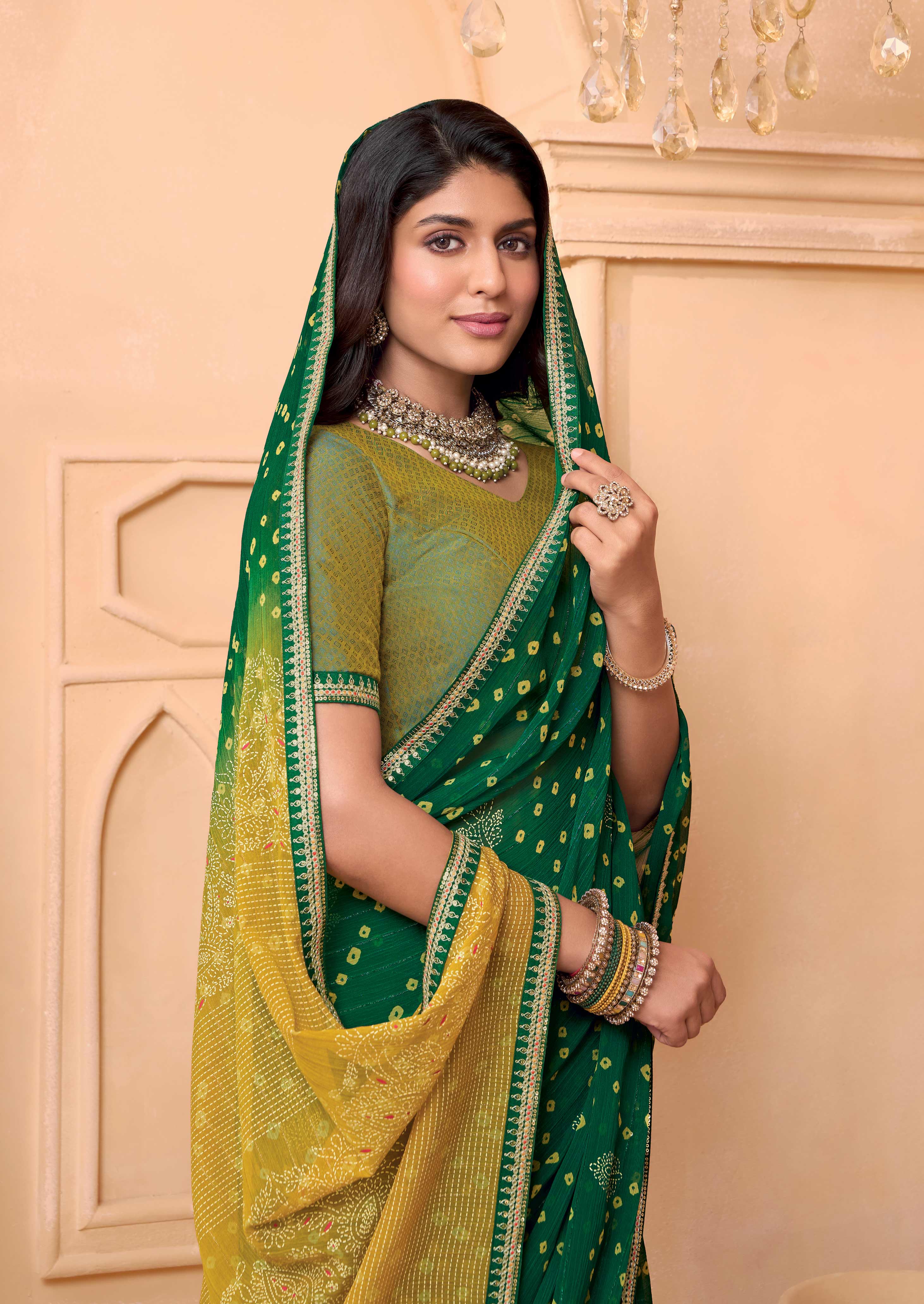 Laxmipati Tohfa Bandhani Printed Georgette Saree in Green Color