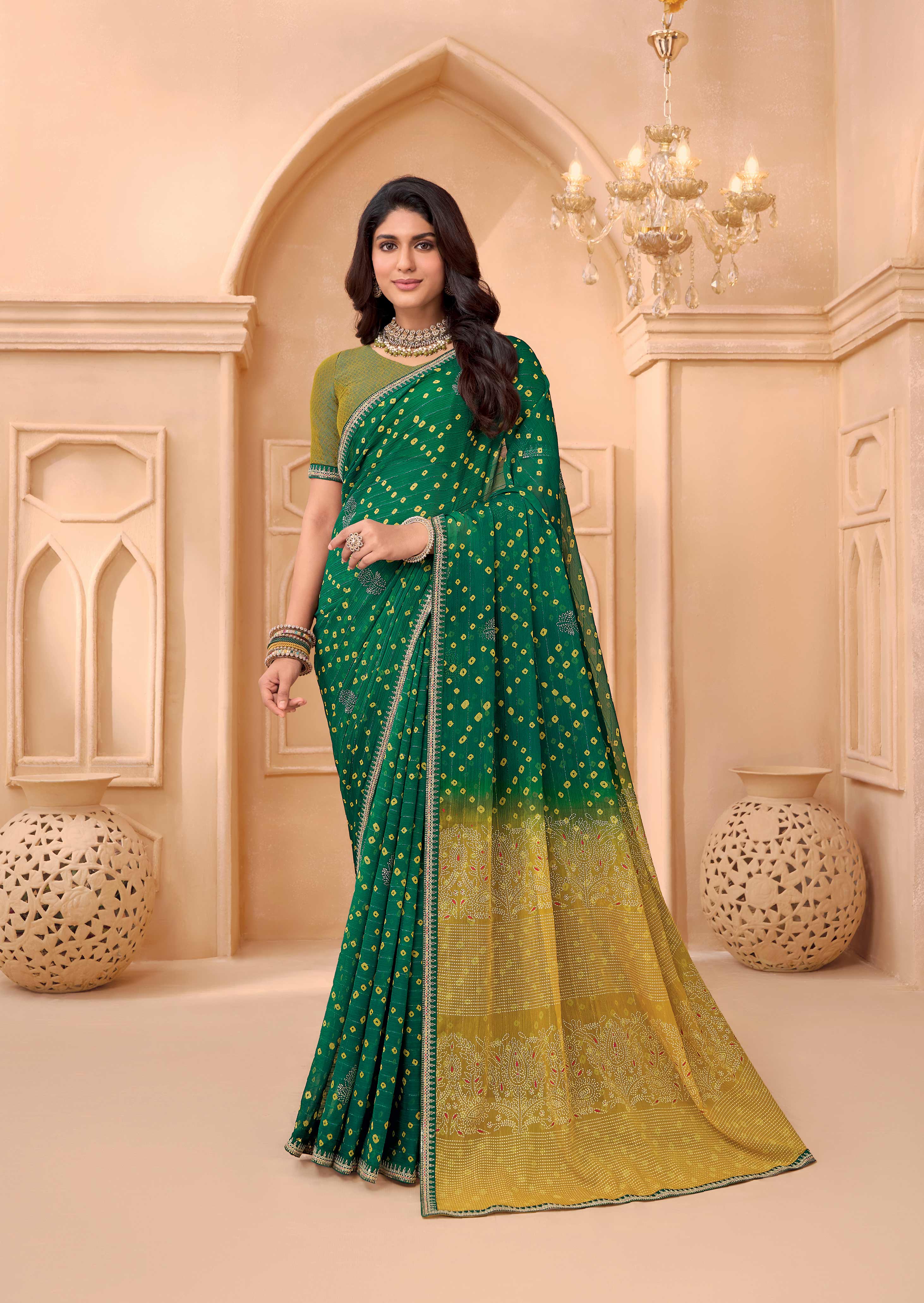 Laxmipati Tohfa Bandhani Printed Georgette Saree in Green Color