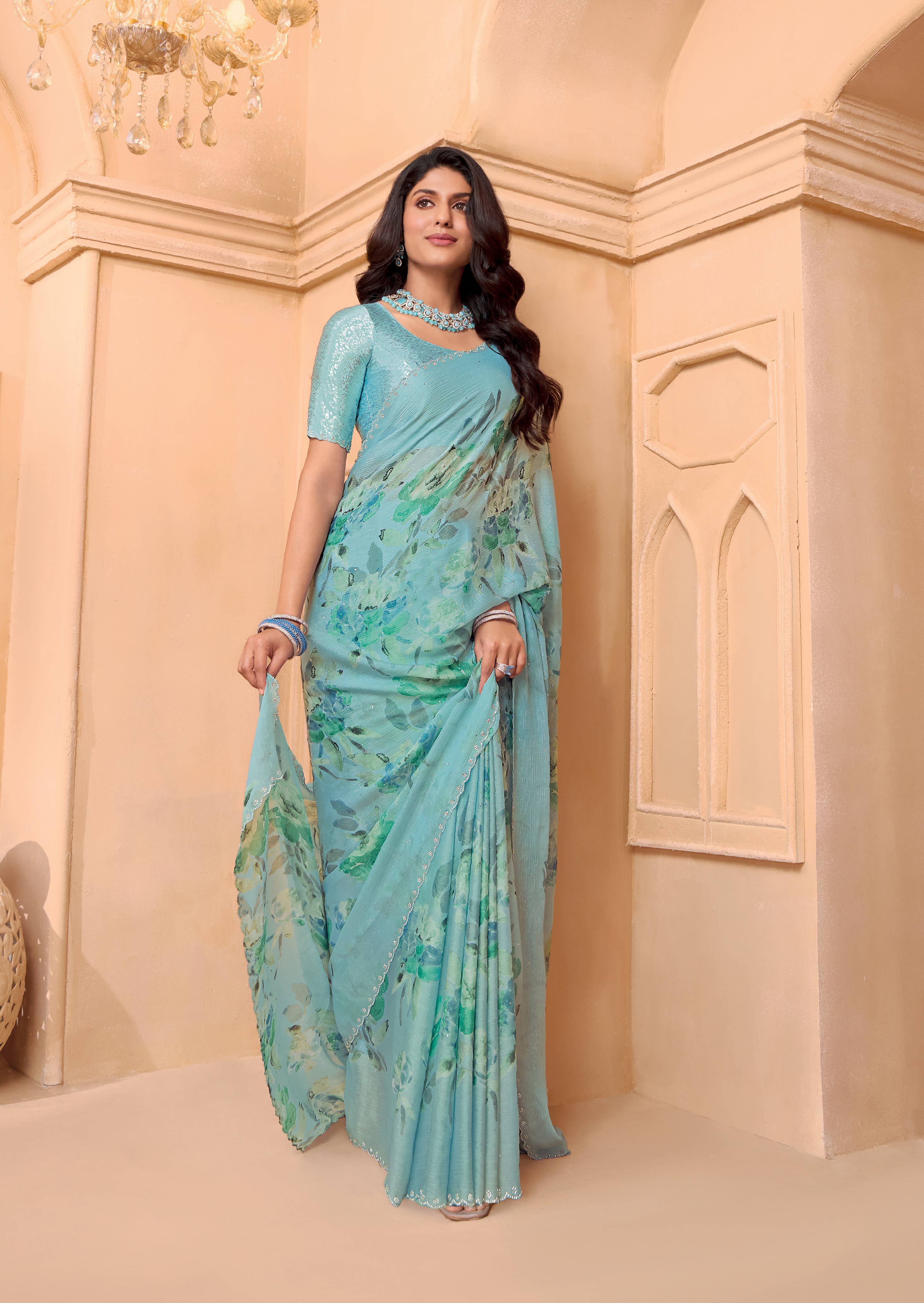 Laxmipati Tohfa Floral Printed Silk Saree in Blue Color