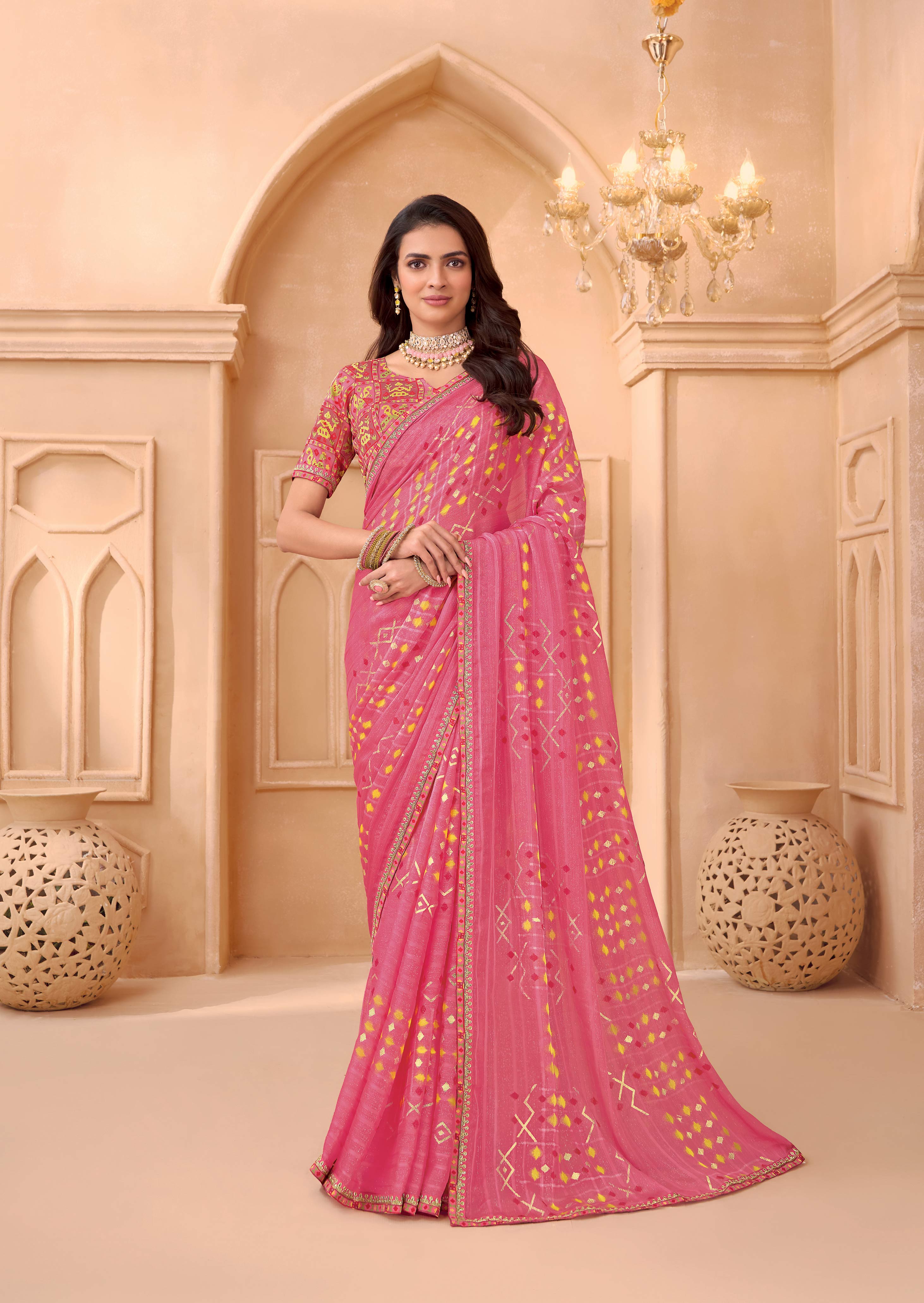 Laxmipati Tohfa Abstract Printed Chiffon Saree in Pink Color