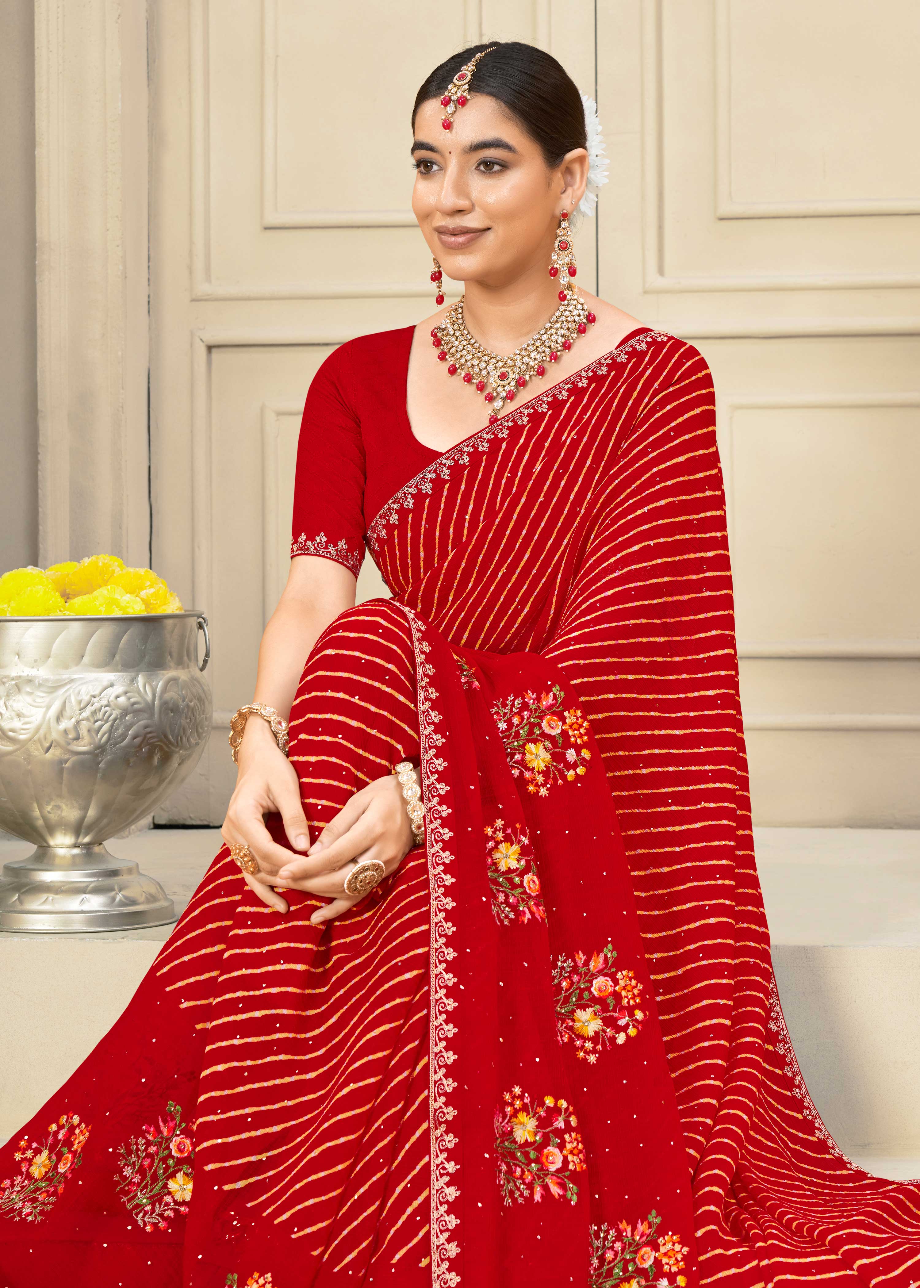 Laxmipati Krack Jack Embroidered Chiffon Saree in Red Color