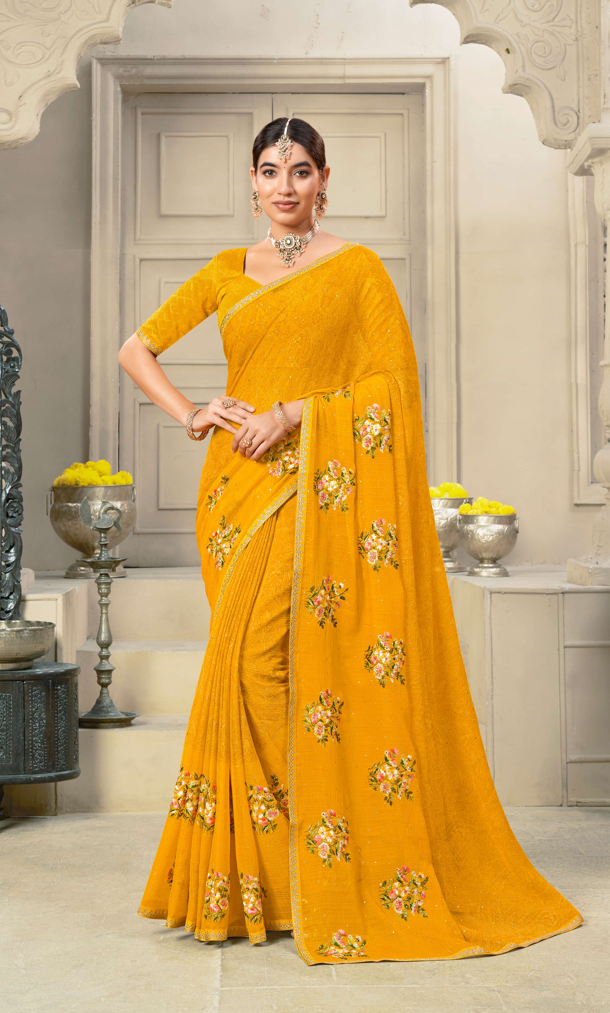 Laxmipati Krack Jack Embroidered Chiffon Saree in Mustard Color