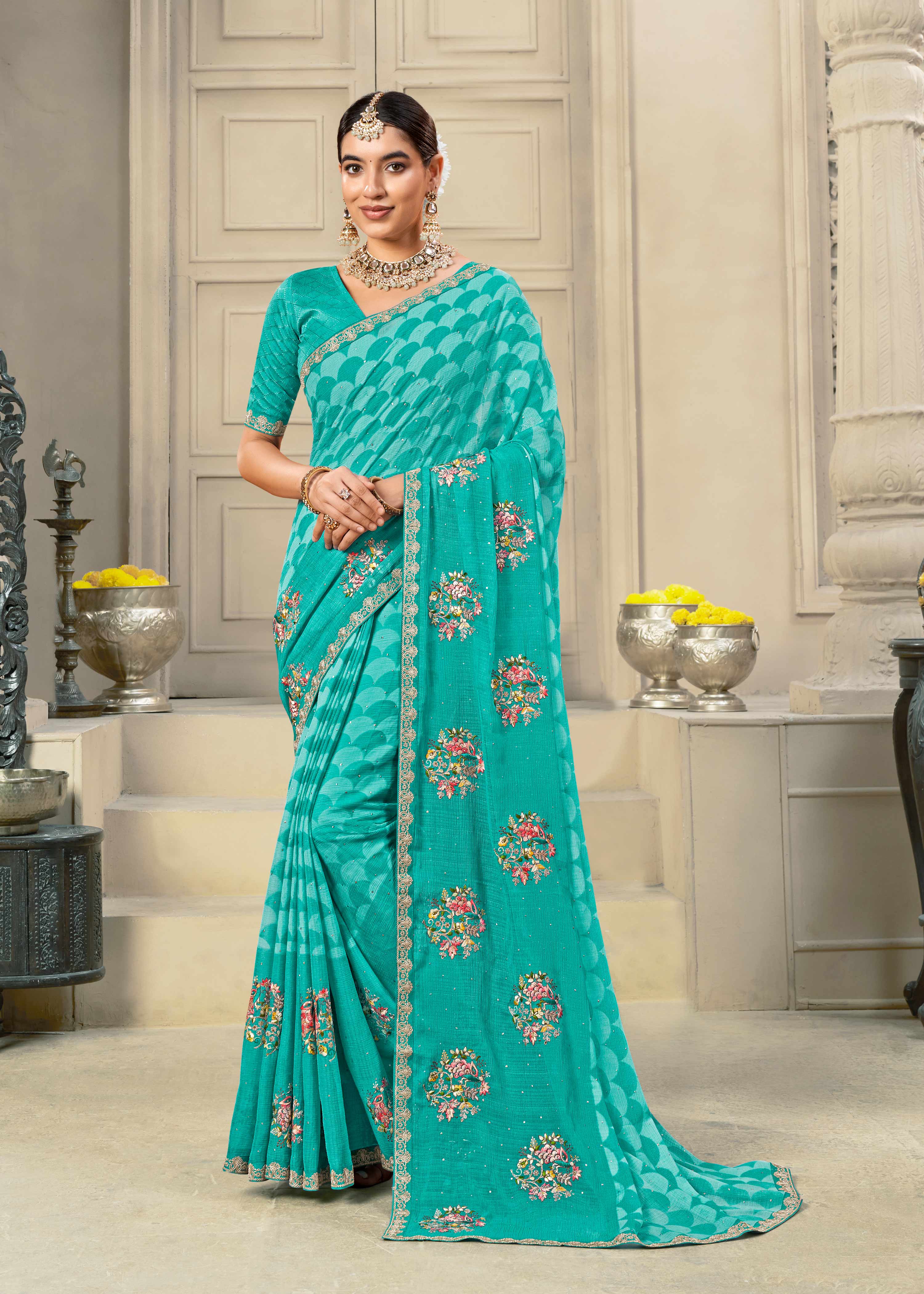 Laxmipati Krack Jack Embroidered Chiffon Saree in Teal Blue Color