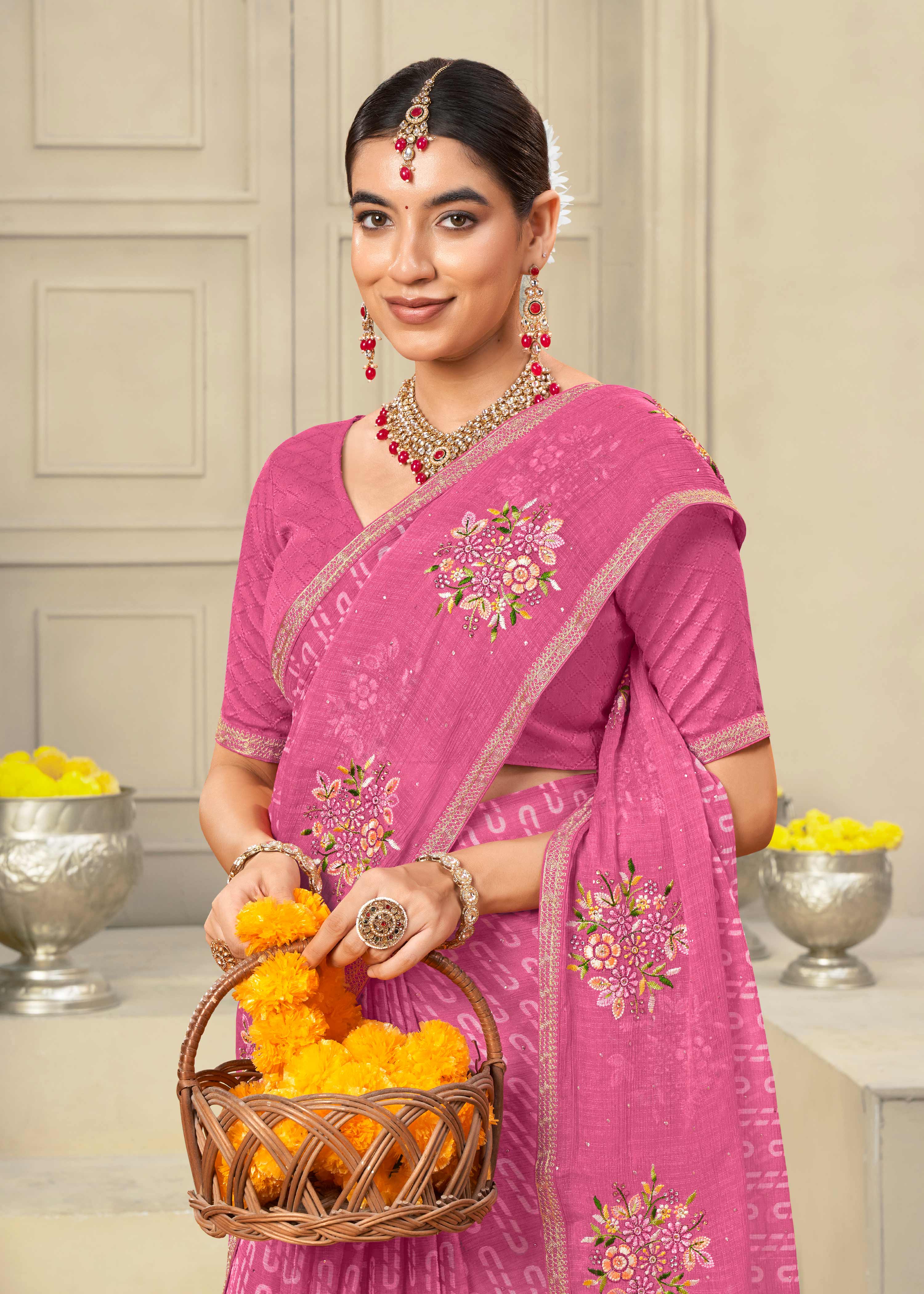Laxmipati Krack Jack Embroidered Chiffon Saree in Pink Color