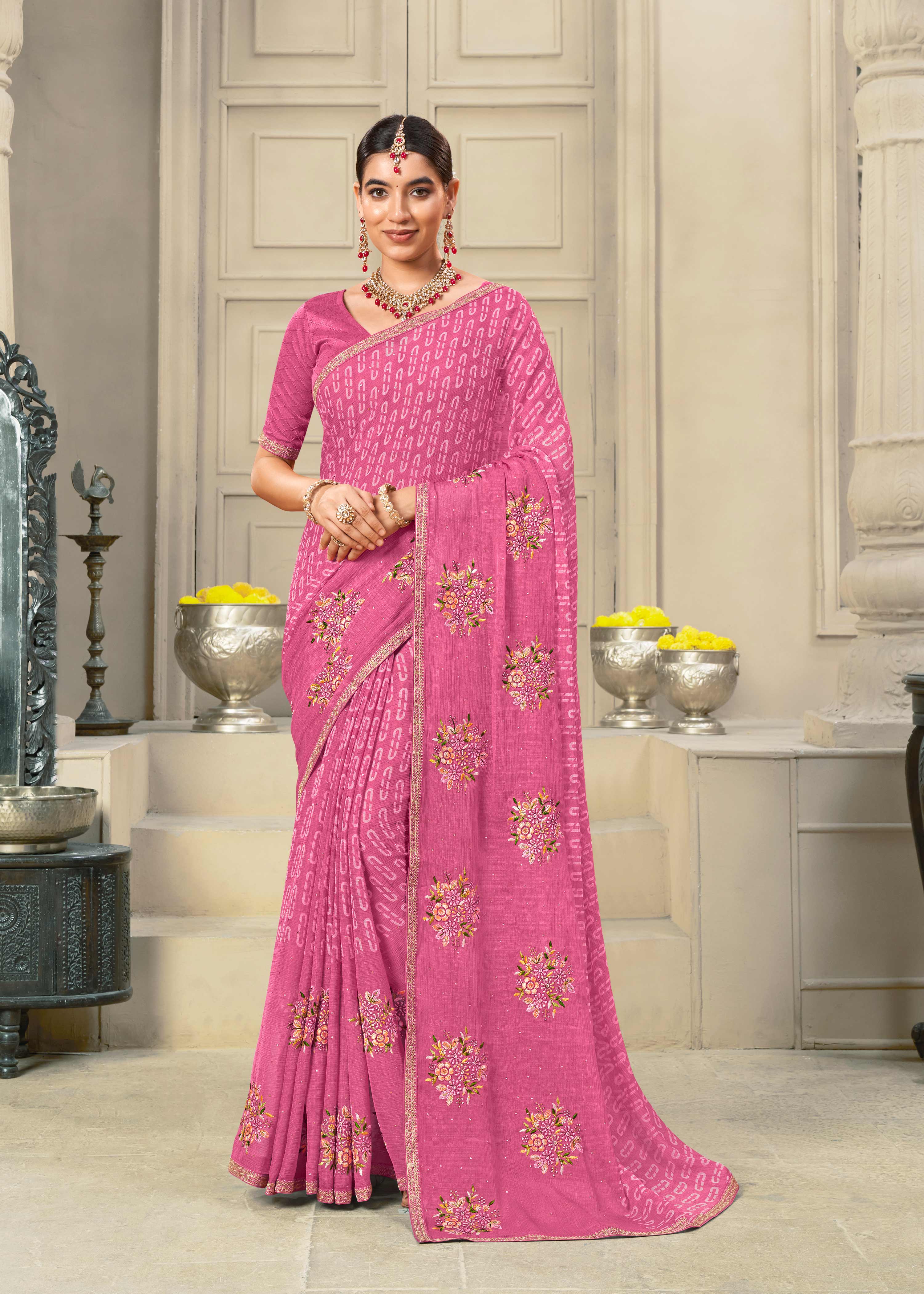 Laxmipati Krack Jack Embroidered Chiffon Saree in Pink Color
