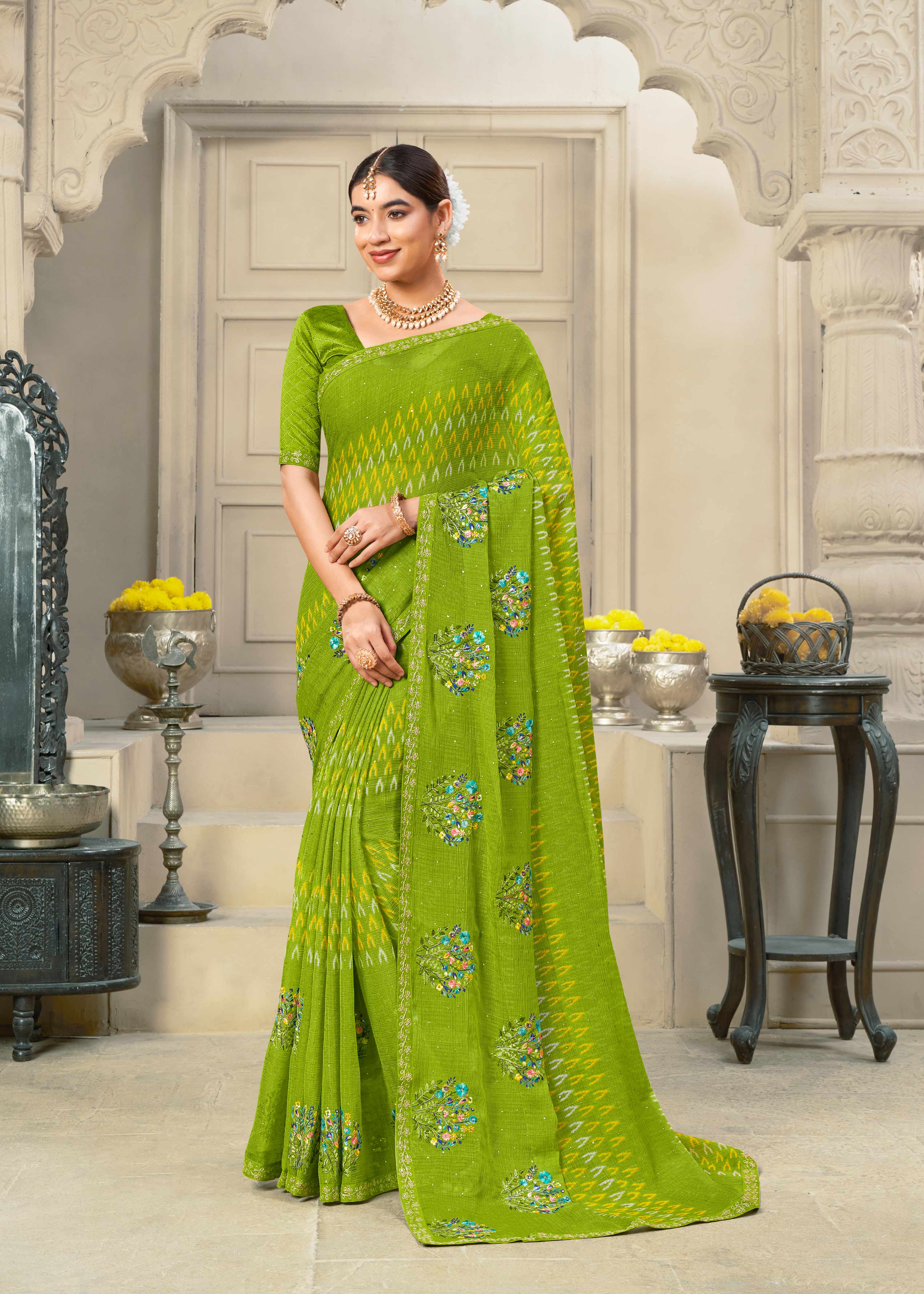 Laxmipati Krack Jack Embroidered Chiffon Saree in Green Color
