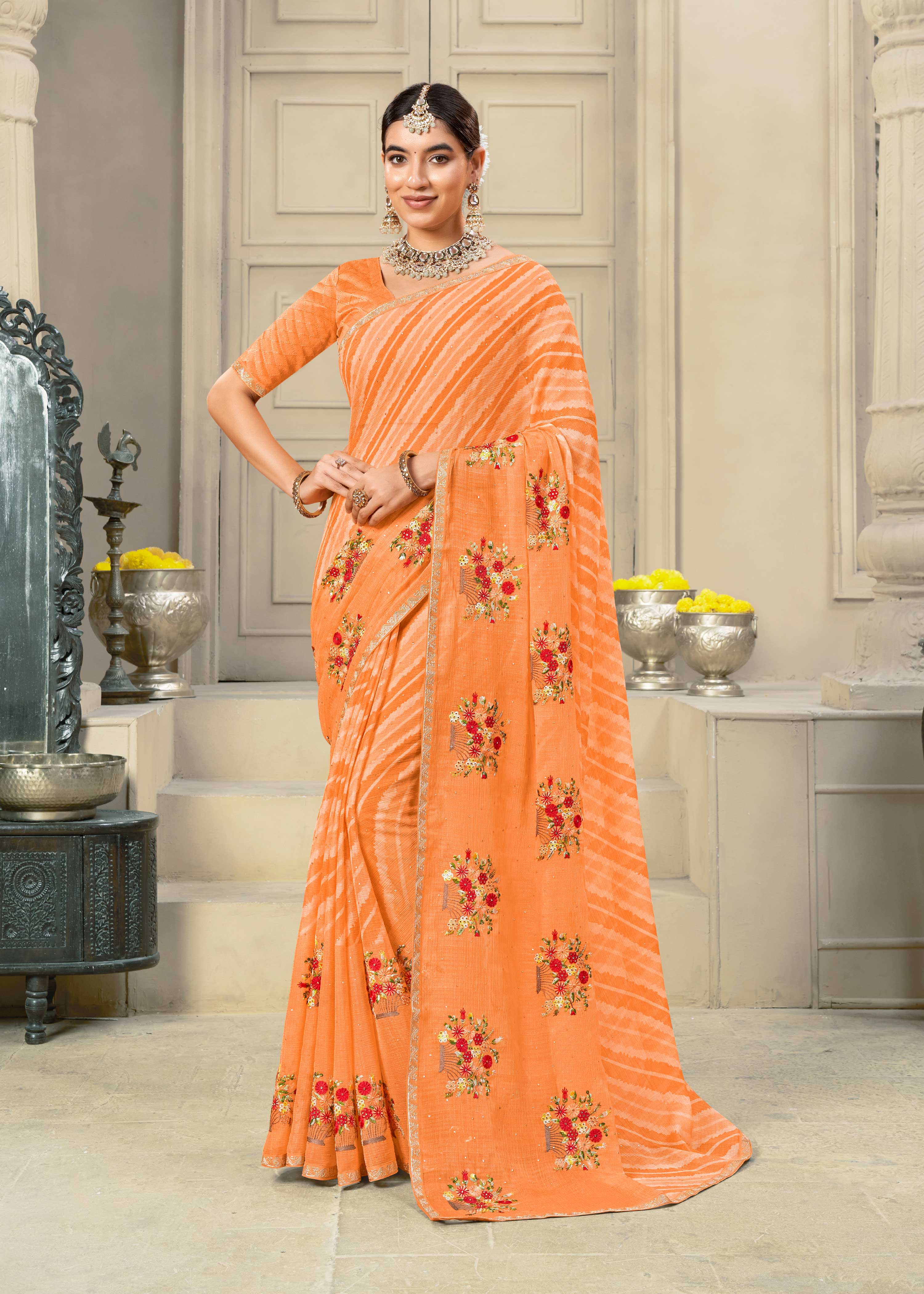 Laxmipati Krack Jack Embroidered Chiffon Saree in Orange Color