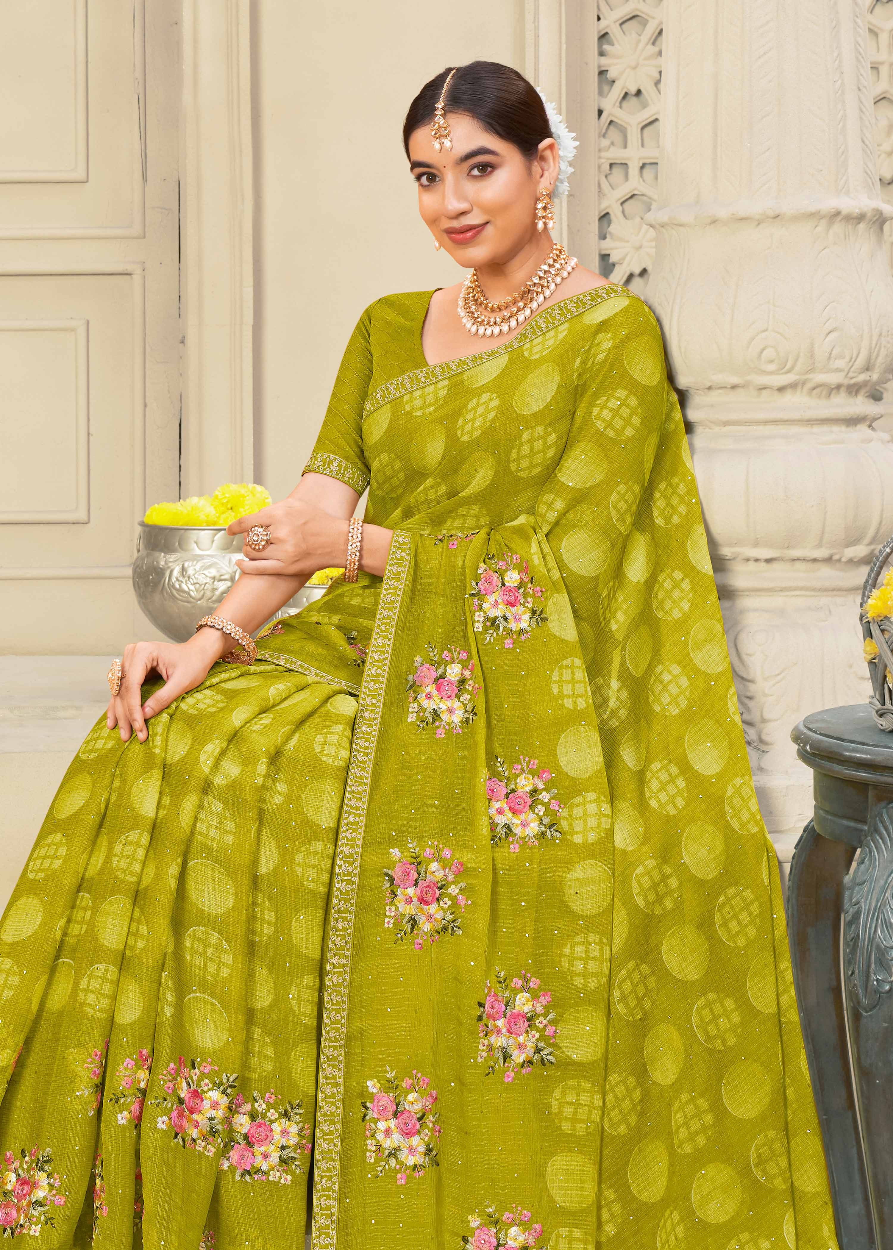 Laxmipati Krack Jack Embroidered Chiffon Saree in Green Color