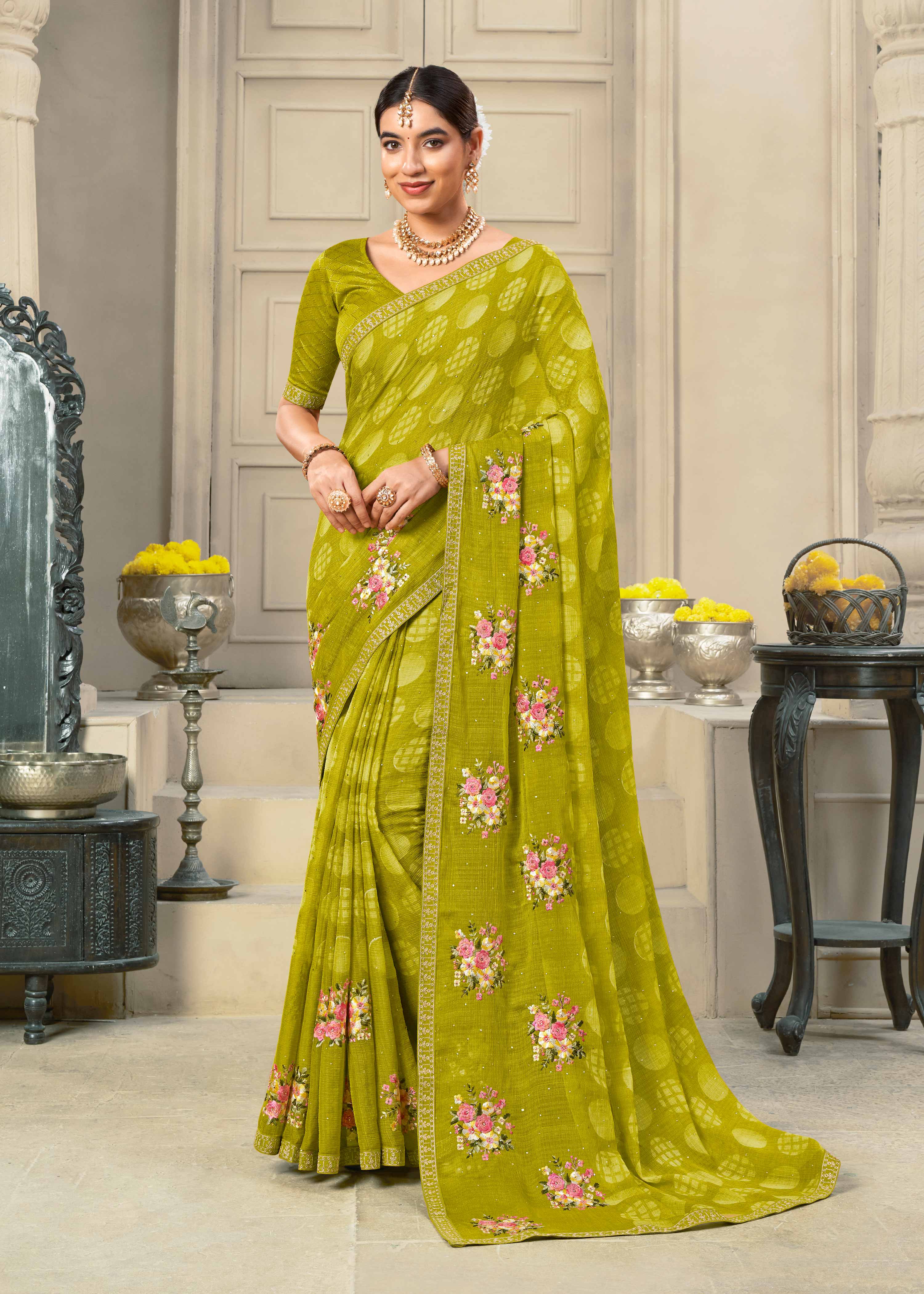 Laxmipati Krack Jack Embroidered Chiffon Saree in Green Color