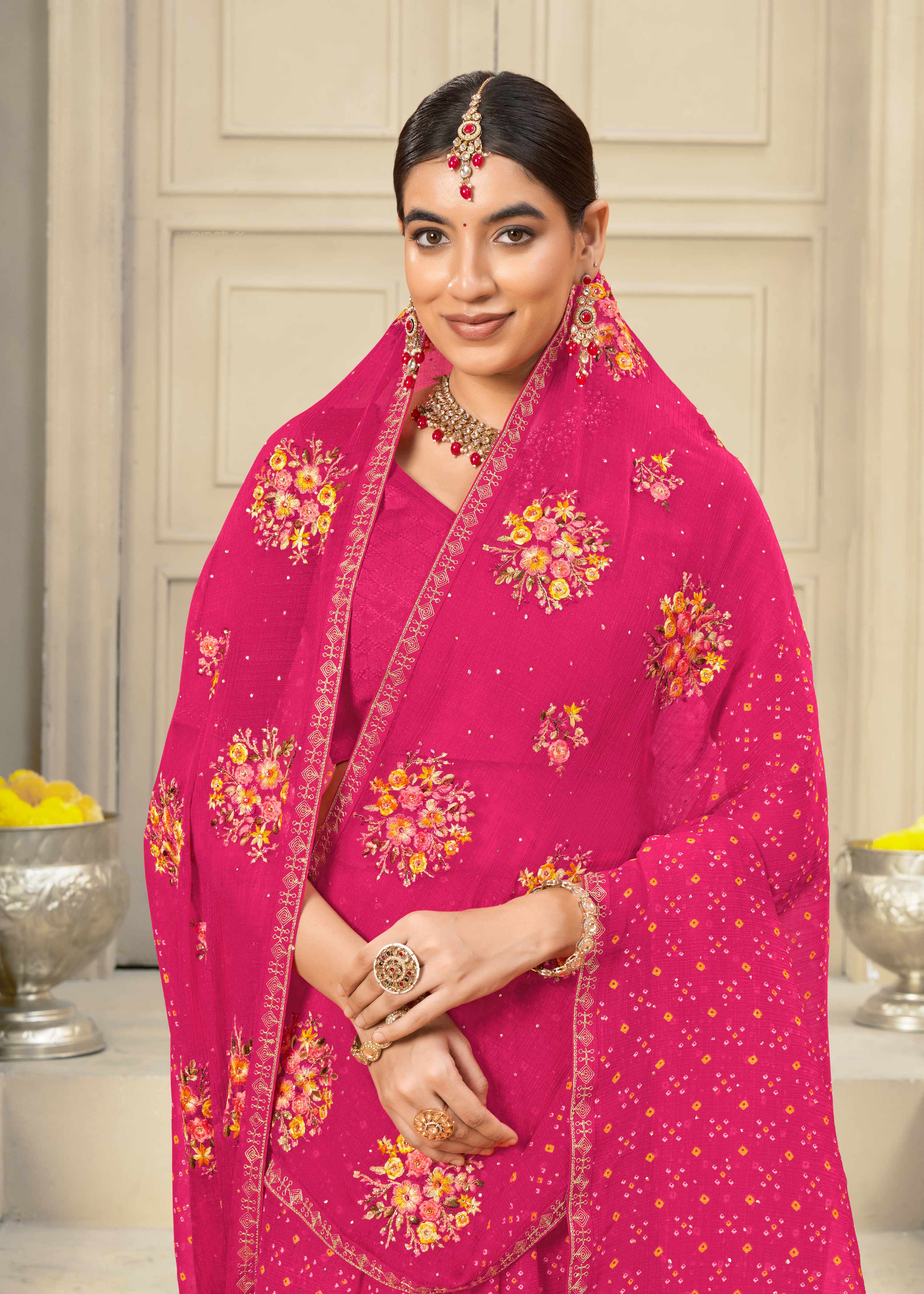 Laxmipati Krack Jack Embroidered Chiffon Saree in Pink Color