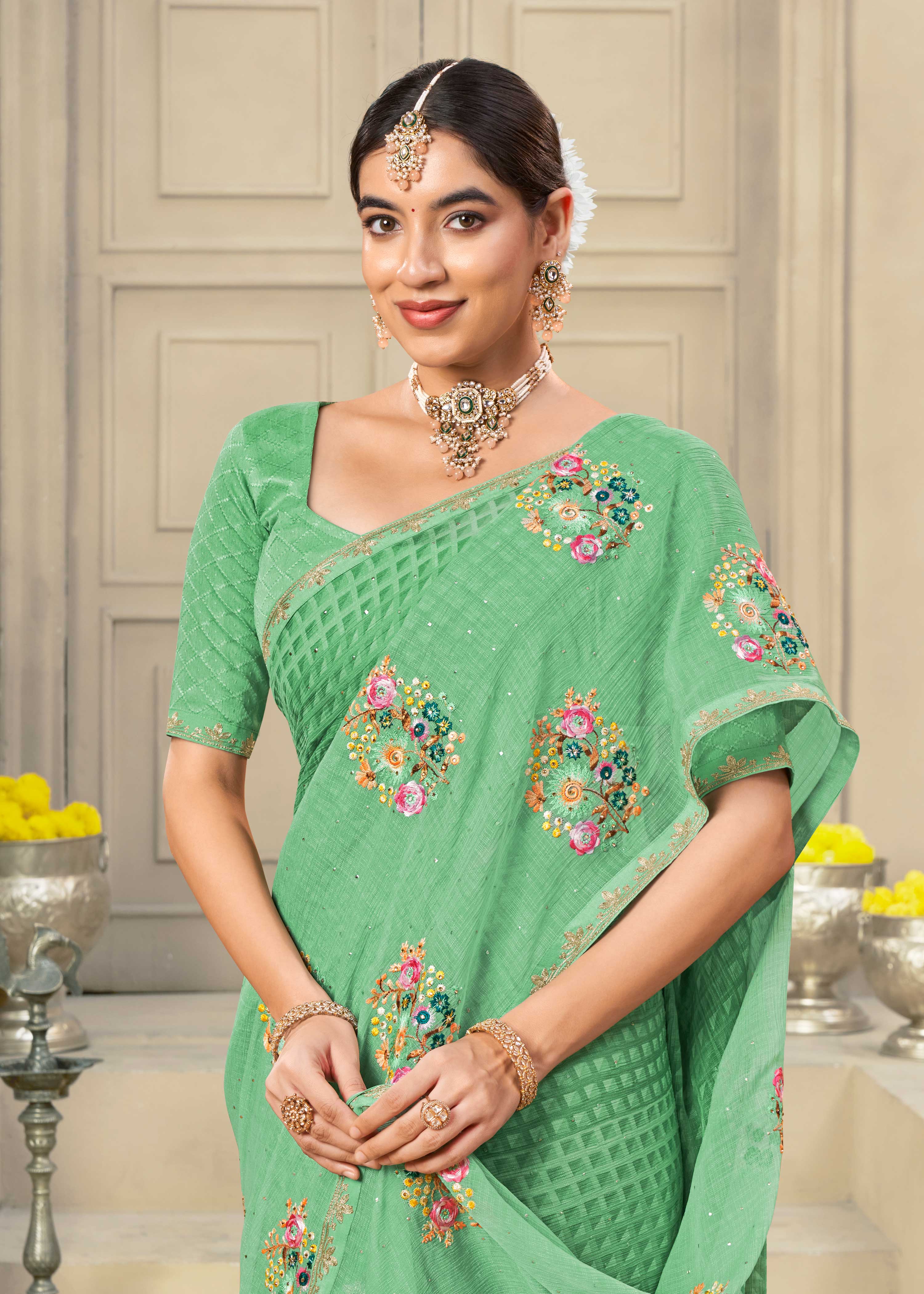 Laxmipati Krack Jack Embroidered Chiffon Saree in Green Color