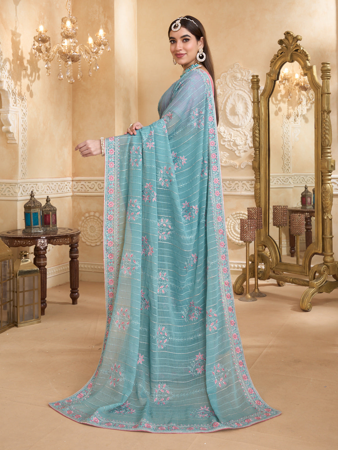 Blue saree with pink silk blouse