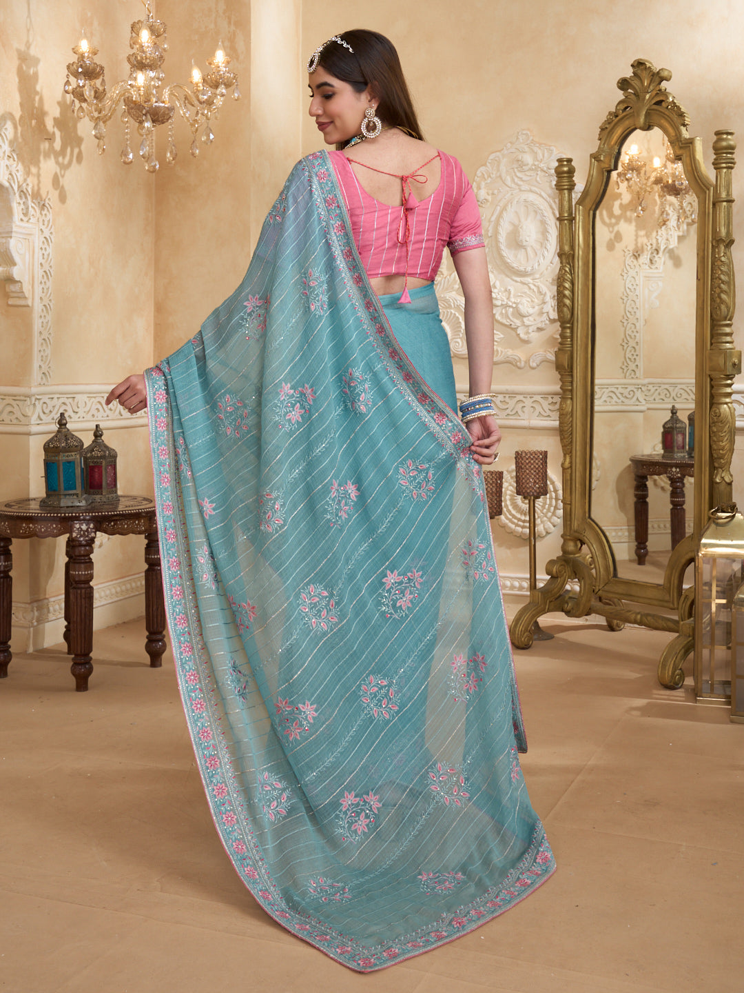 Embroidered chiffon saree drape