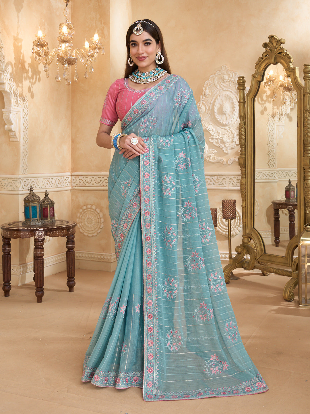 Blue chiffon saree with floral embroidery