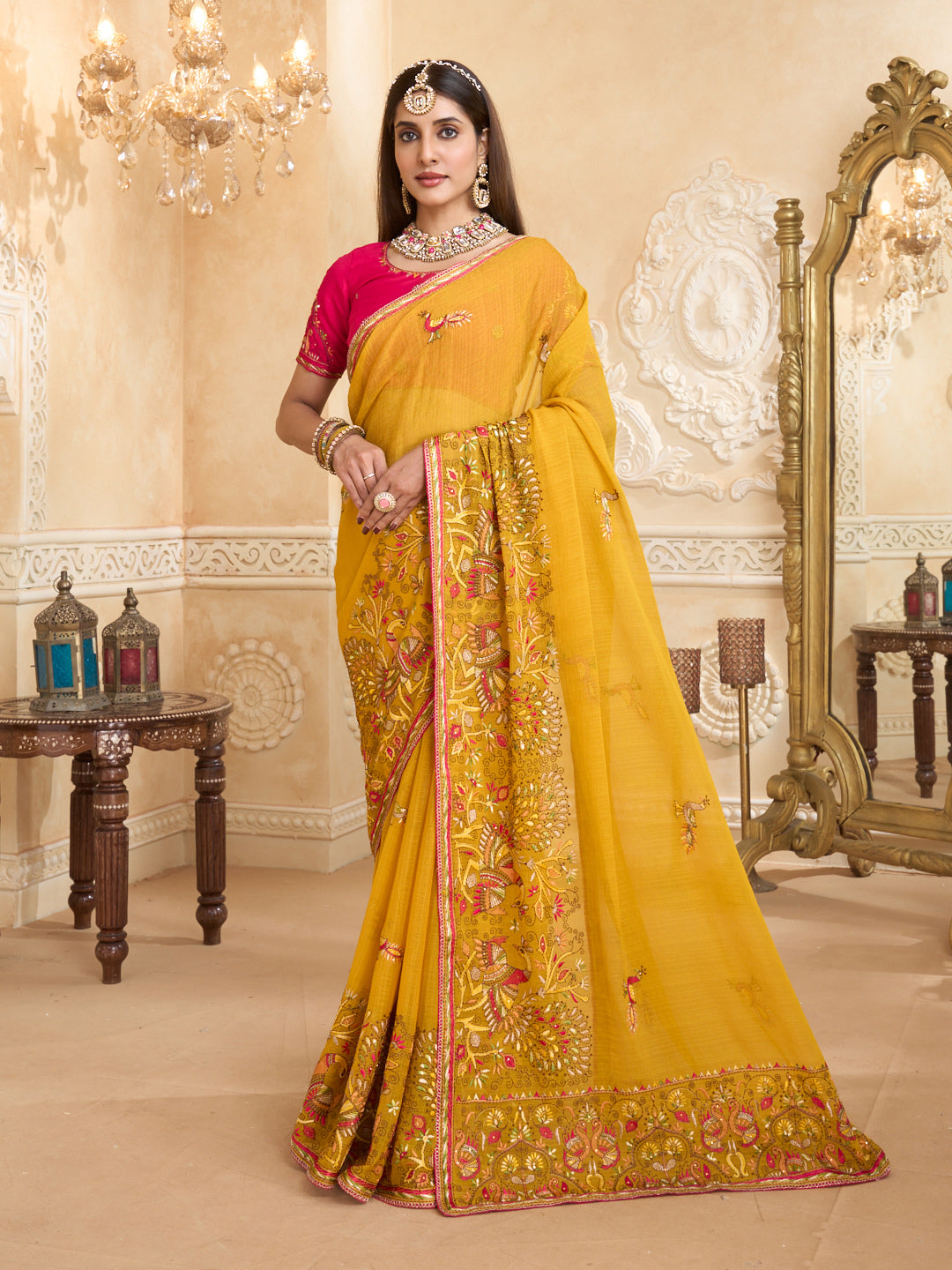 Mustard chiffon saree with embroidery