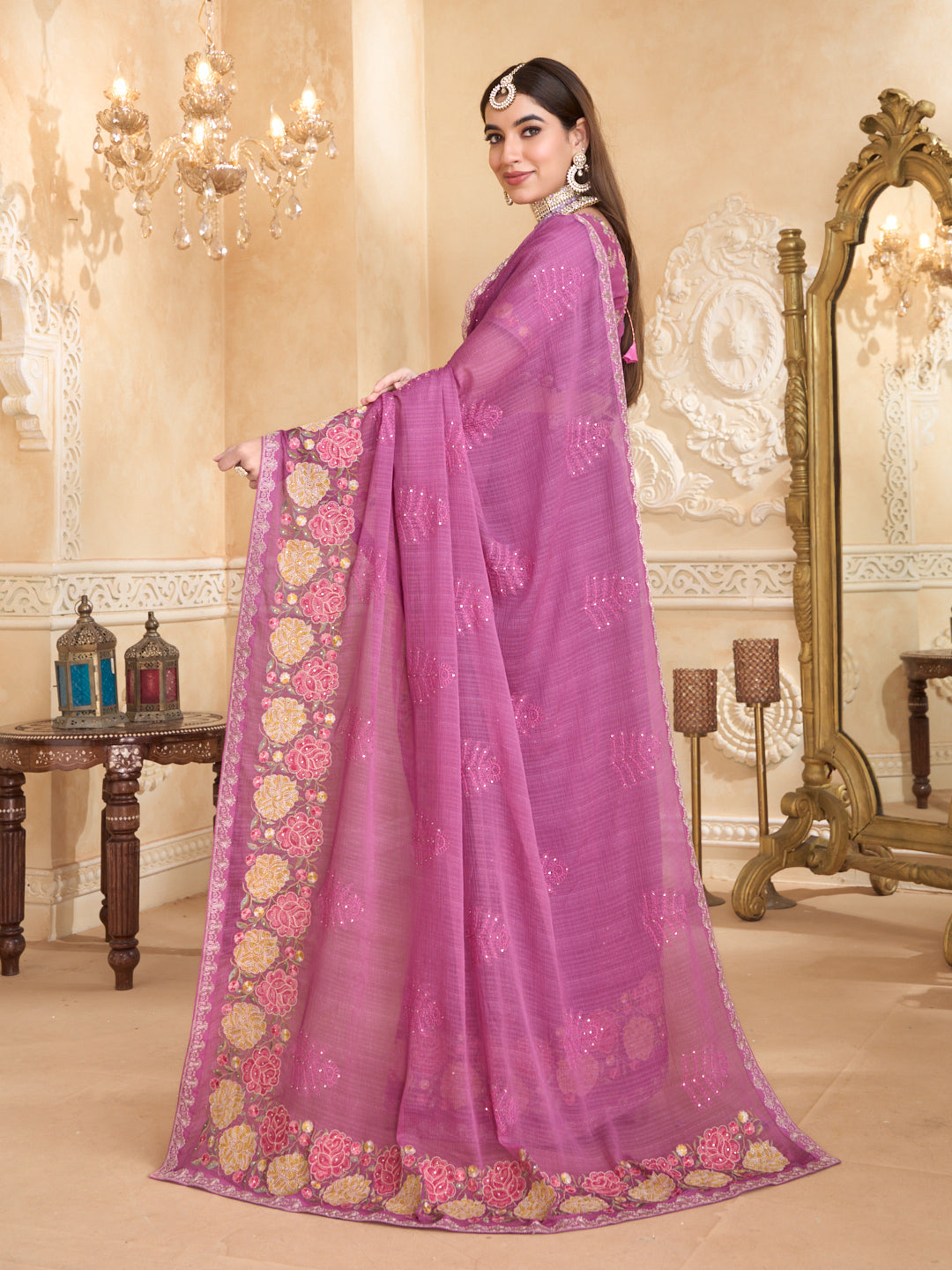 Floral embroidered chiffon saree detail