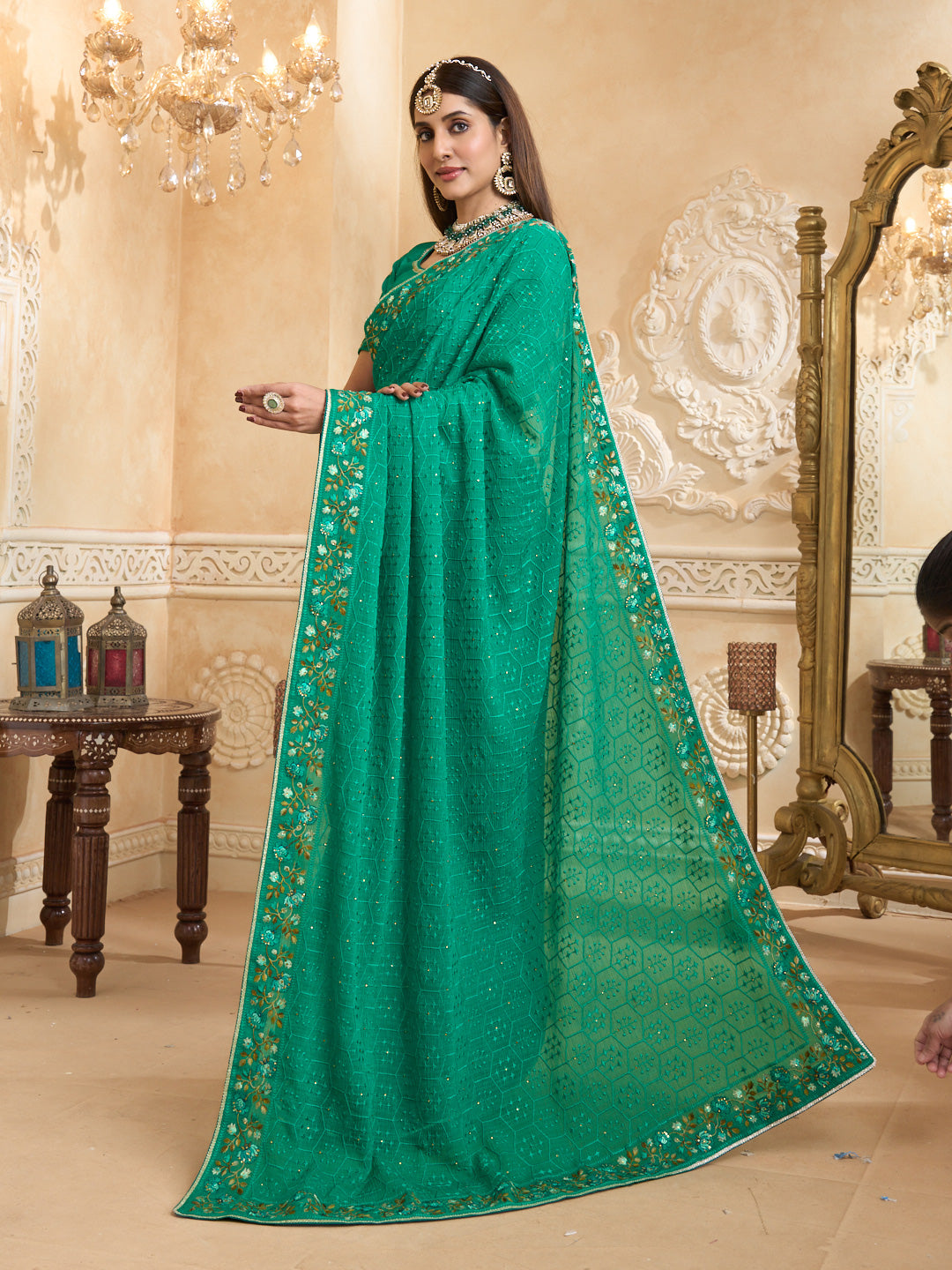 green chiffon saree with embroidery