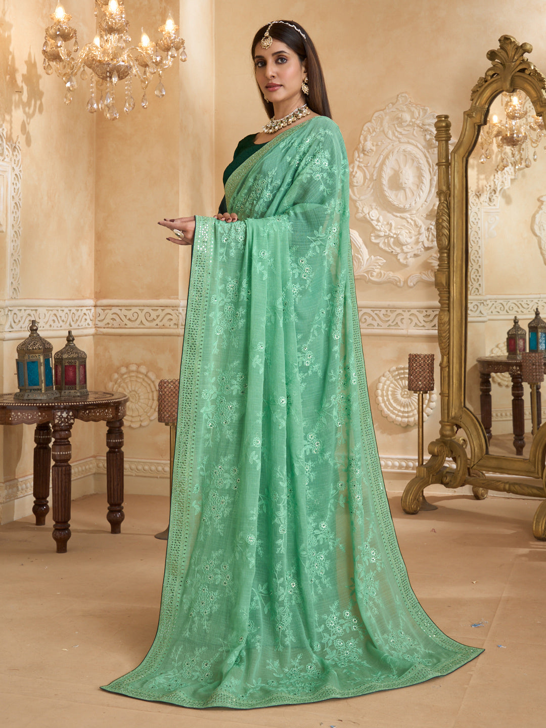 Pastel green saree with printed blouse