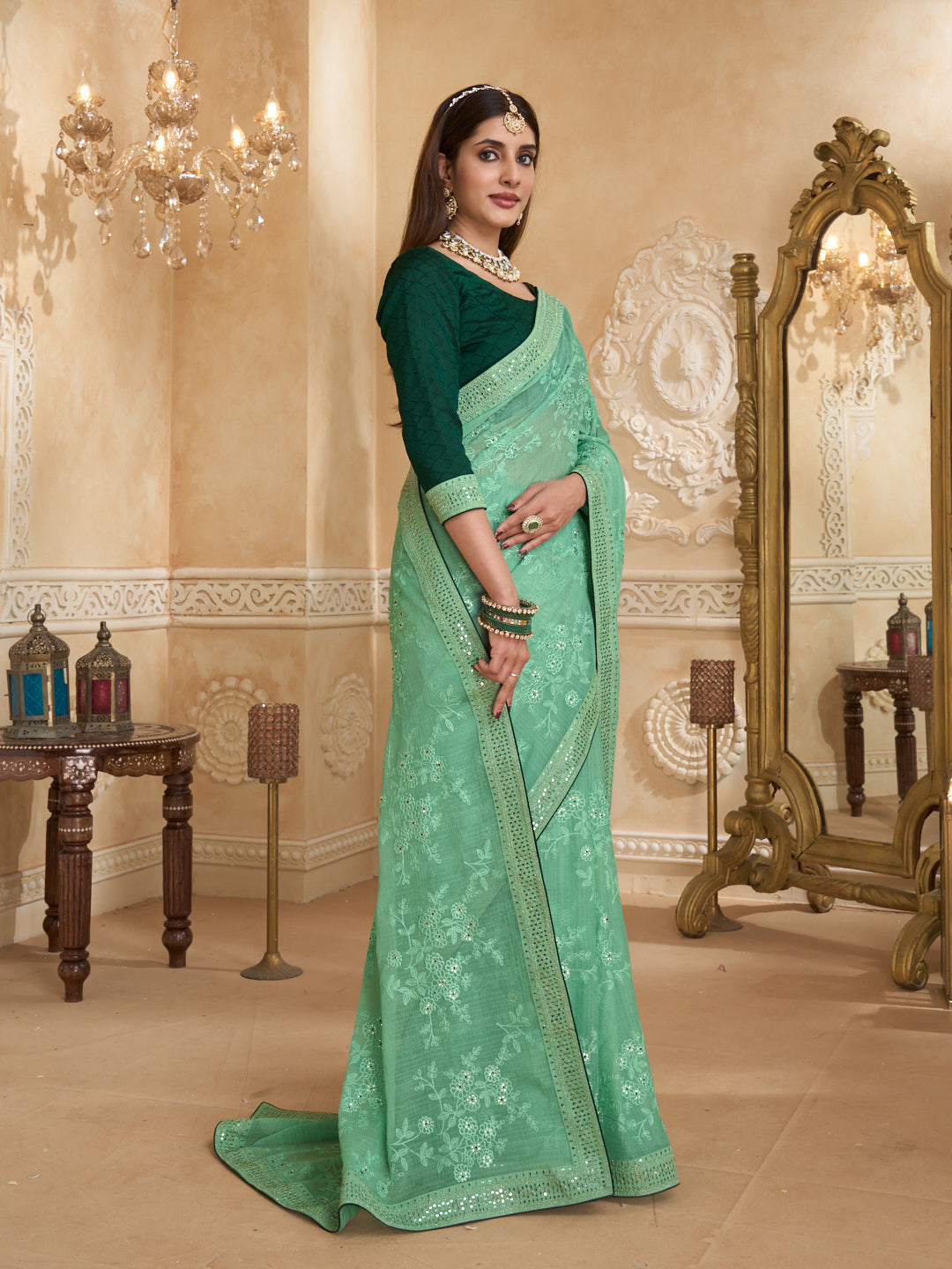 Floral embroidered chiffon saree