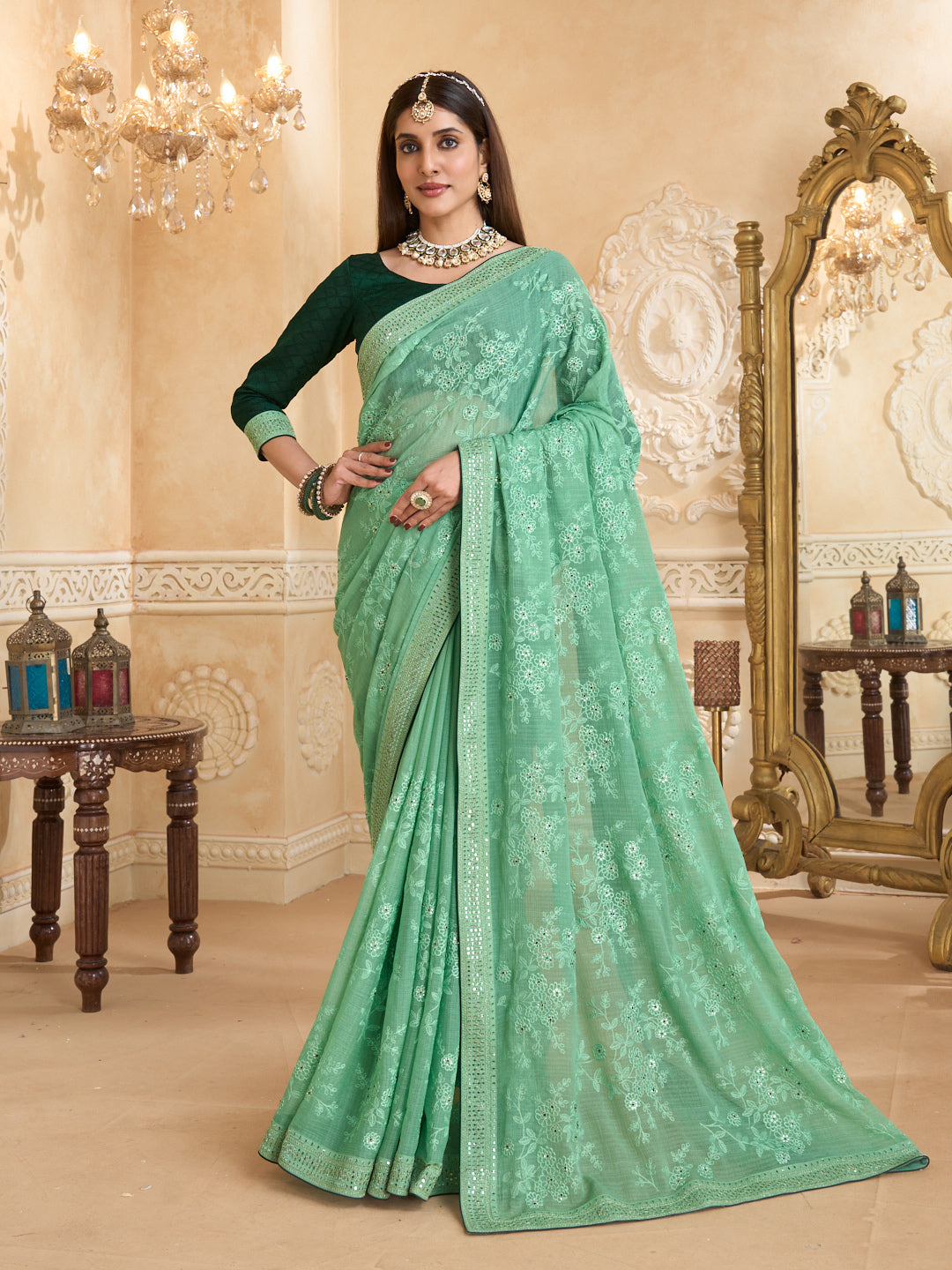 Pastel green chiffon saree with embroidery