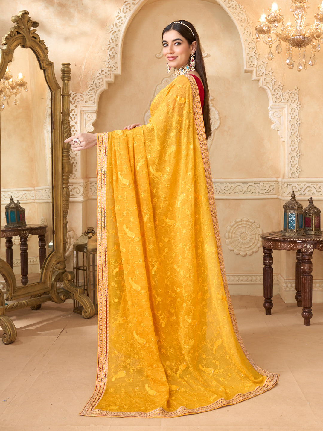 Floral embroidery chiffon saree