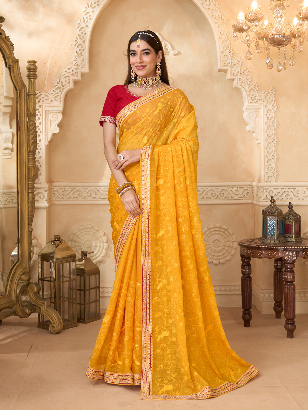 Mustard chiffon saree with floral work