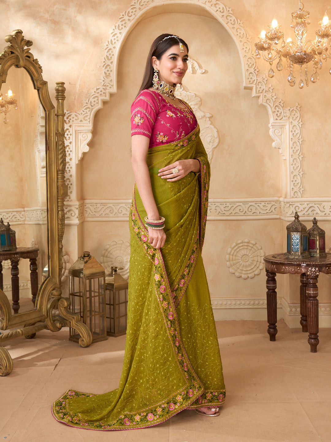 Olive green saree with pink blouse