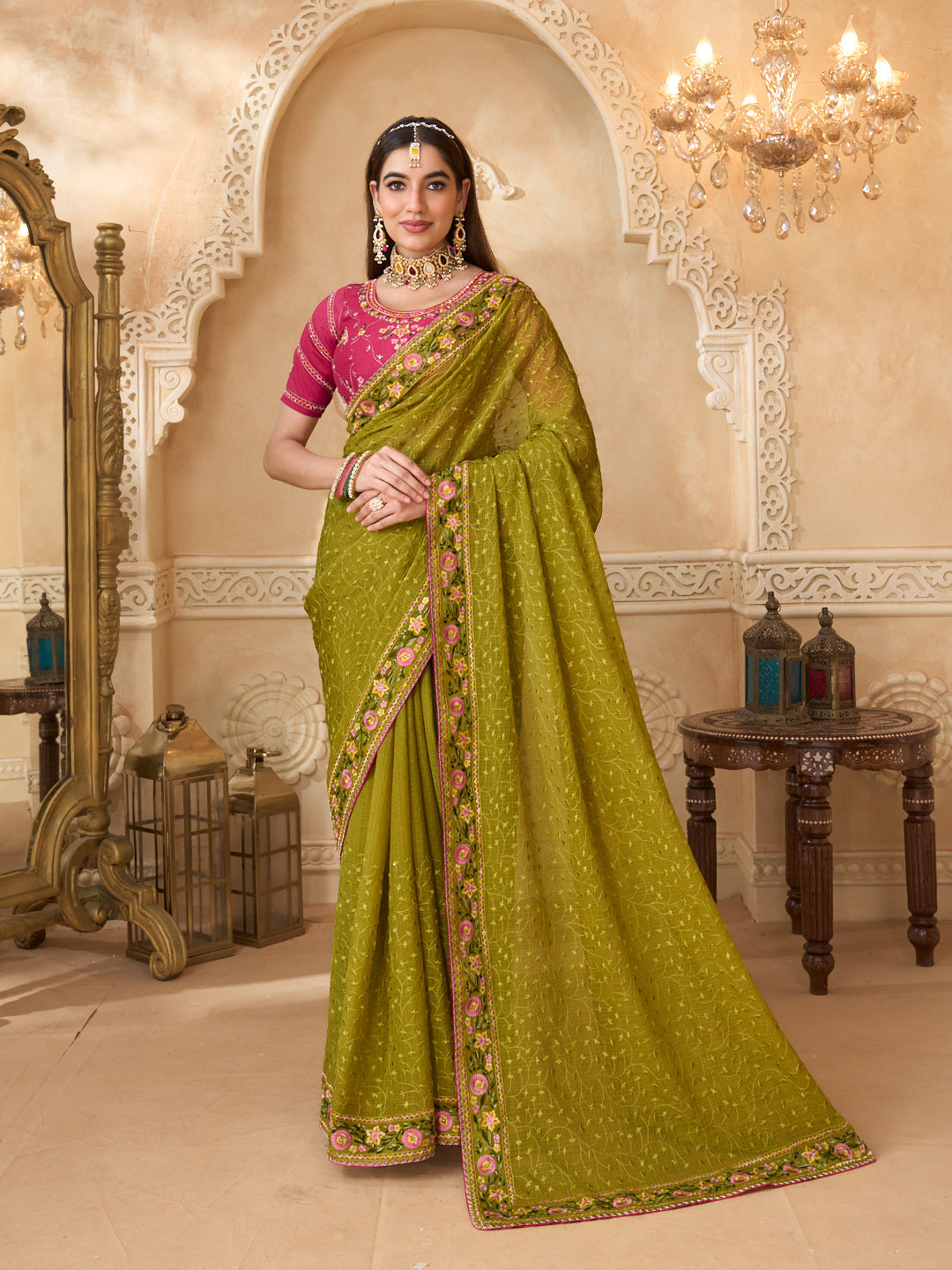 Olive green chiffon saree with embroidery
