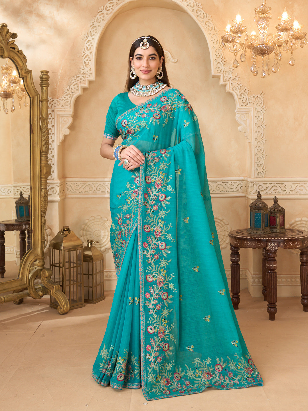 Teal blue chiffon saree with embroidery