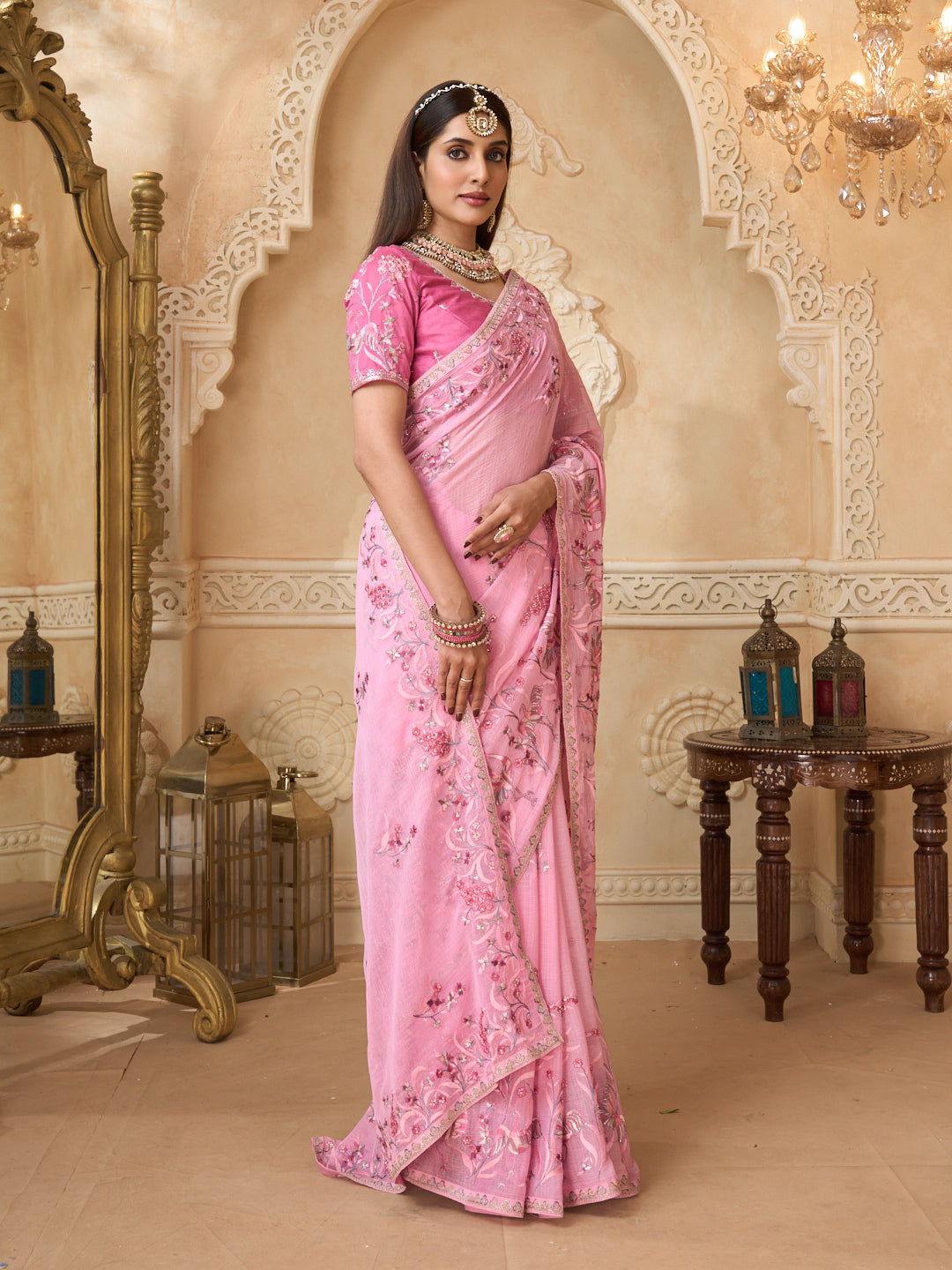 Pink saree with purple silk blouse