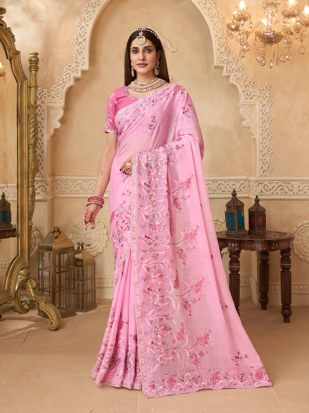 Pink chiffon saree with floral embroidery
